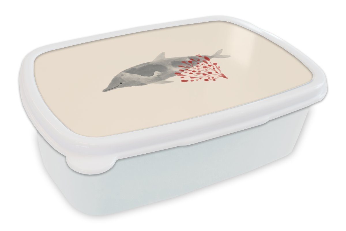 MuchoWow Lunchbox Delfin - Pflanzen - Aquarell, Kunststoff, (2-tlg), Brotbox für Kinder und Erwachsene, Brotdose, für Jungs und Mädchen weiß