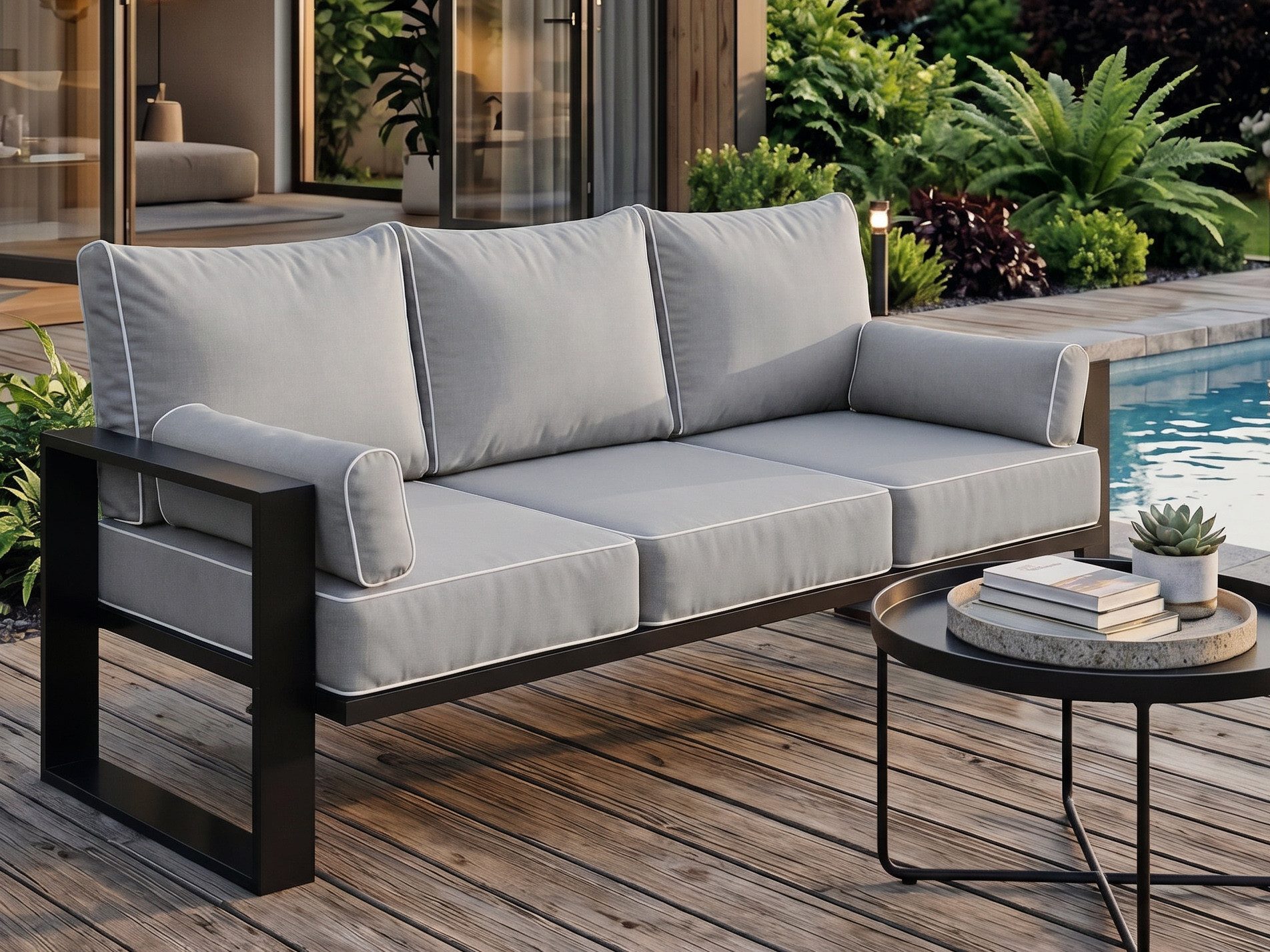 Beautysofa Gartensofa VERDINO - 3sitzer Sofa, Outdoor-Sofa mit Edelstahlrahmen, wasserdichtem Stoff & hohem Sitzkomfort