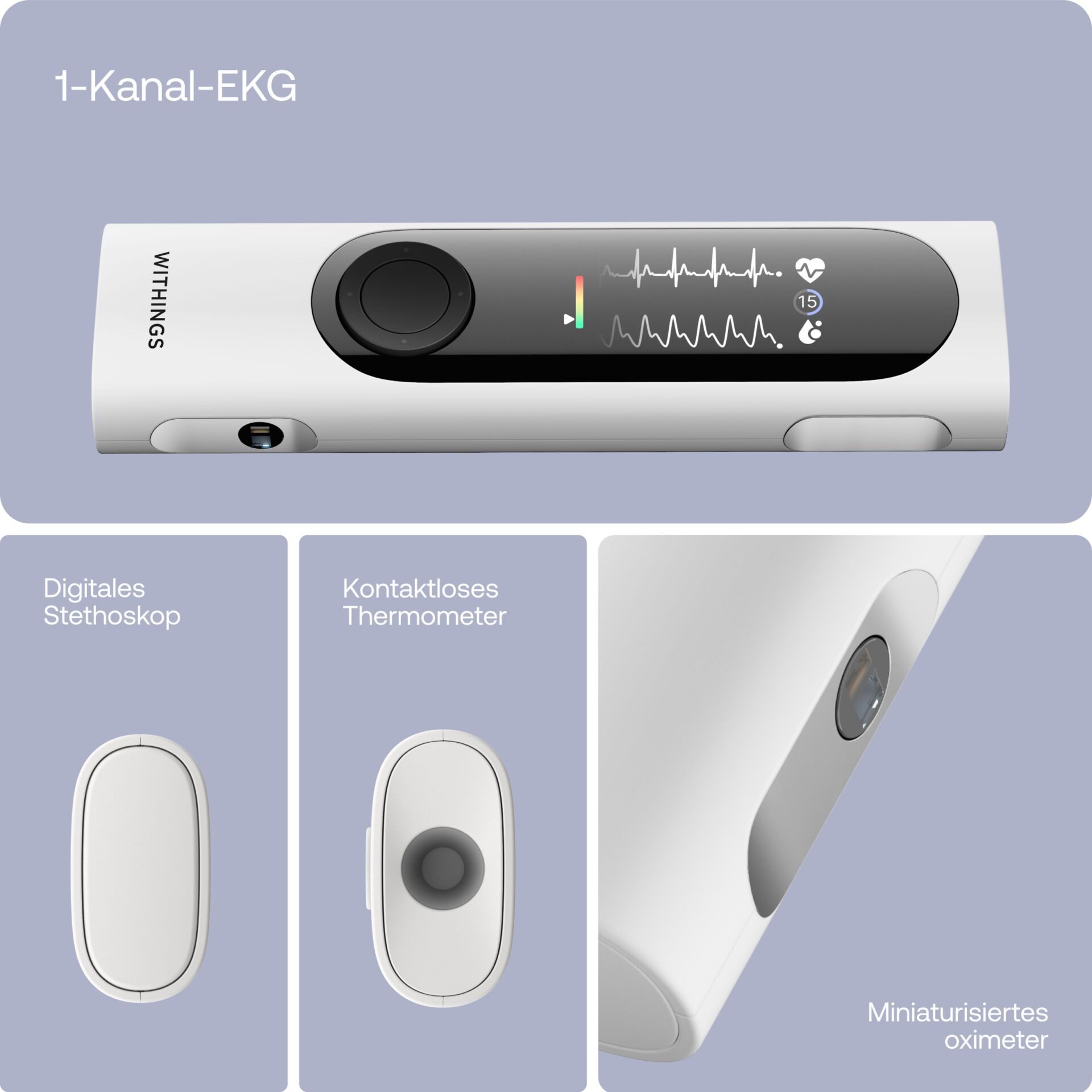Withings Fieberthermometer »BeamO 4-in-1« Gesundheits-MultiScan mit EKG-Aufzeichnung, Herz- & Lungenauskultation, Sauerstoffsättiungs- & Temperaturmessung