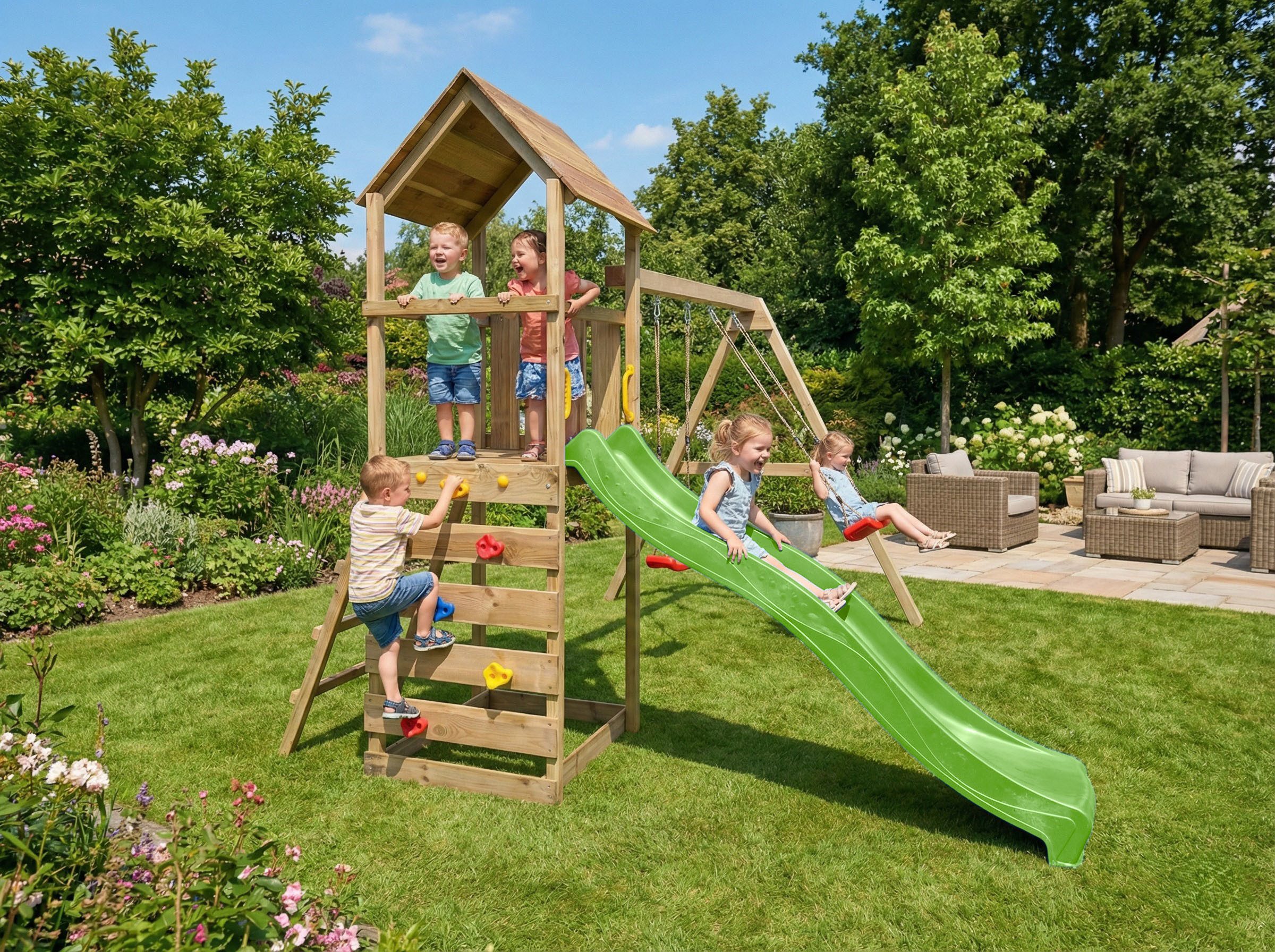 FUNGOO Spielturm MaxPlay 2.2, mit Rutsche, Doppelschaukel und Kletterwand