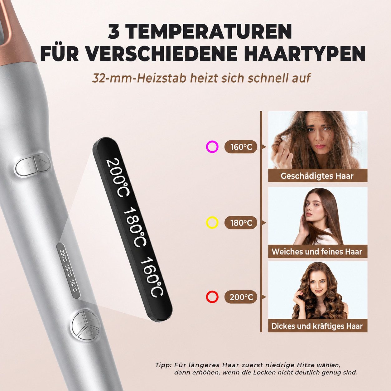 UKLISS Lockenstab Pro Automatischer Lockenstab 32 mm, Automatischer Haarwickler, mit 3 Temperaturstufen für langanhaltende Locken & Beach Waves – Bild 4 von 5