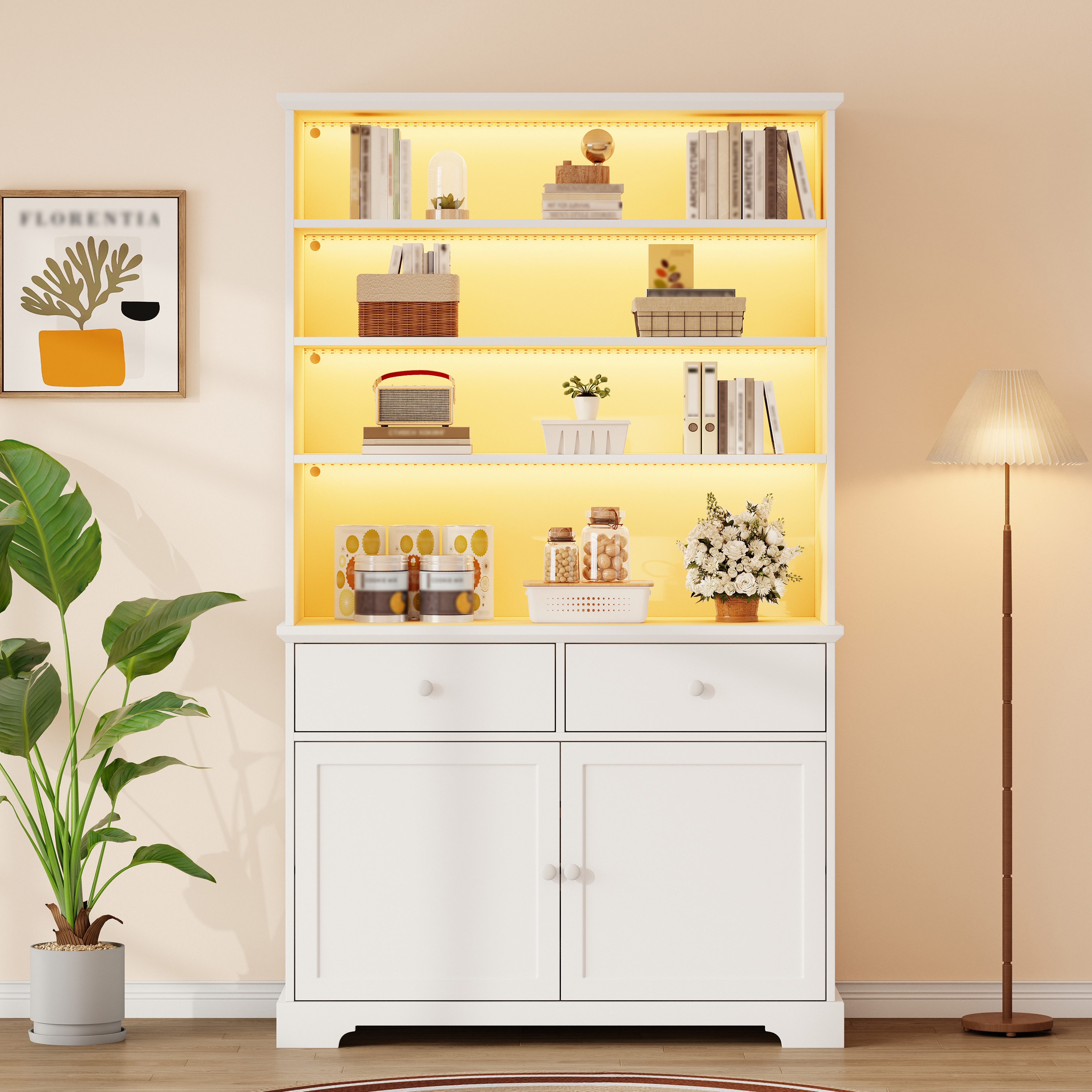 Merax Standvitrine mit LED-Beleuchtung (Standregal Wohnzimmerschrank für Wohnzimmer und Esszimmer, 1-St., 100x38x170cm) Vitrine mit 2 Türen, 7 Aufbewahrungsbereiche & 2 Schubladen