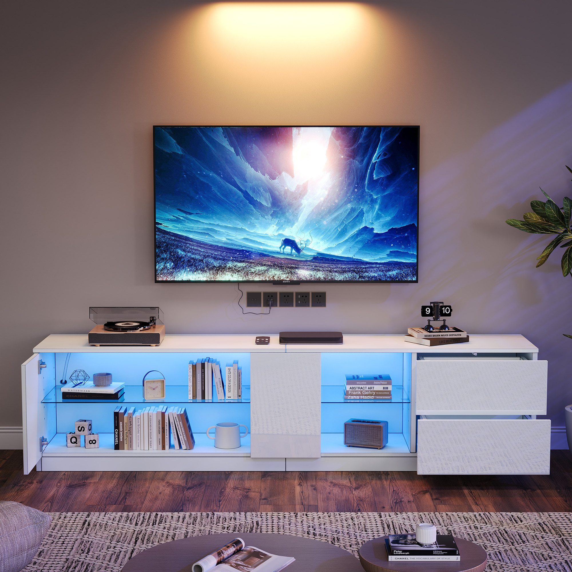 Merax TV-Schrank hochglanz TV-Schrank mit LED-Beleuchtung (1-St) Fernsehschrank Fernsehtisch mit 2 Schubladen & Glaselementen,B: 160cm