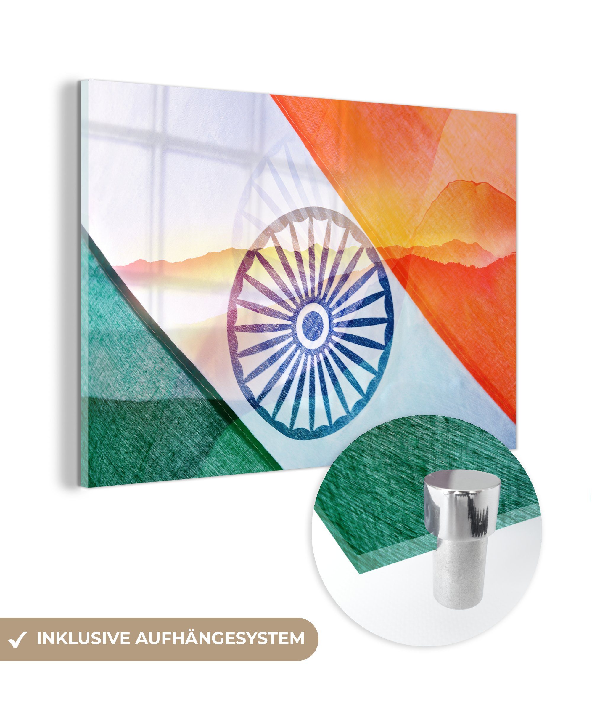 MuchoWow Acrylglasbild Große Berge hinter der indischen Nationalflagge, (1 St), Acrylglasbilder Wohnzimmer & Schlafzimmer