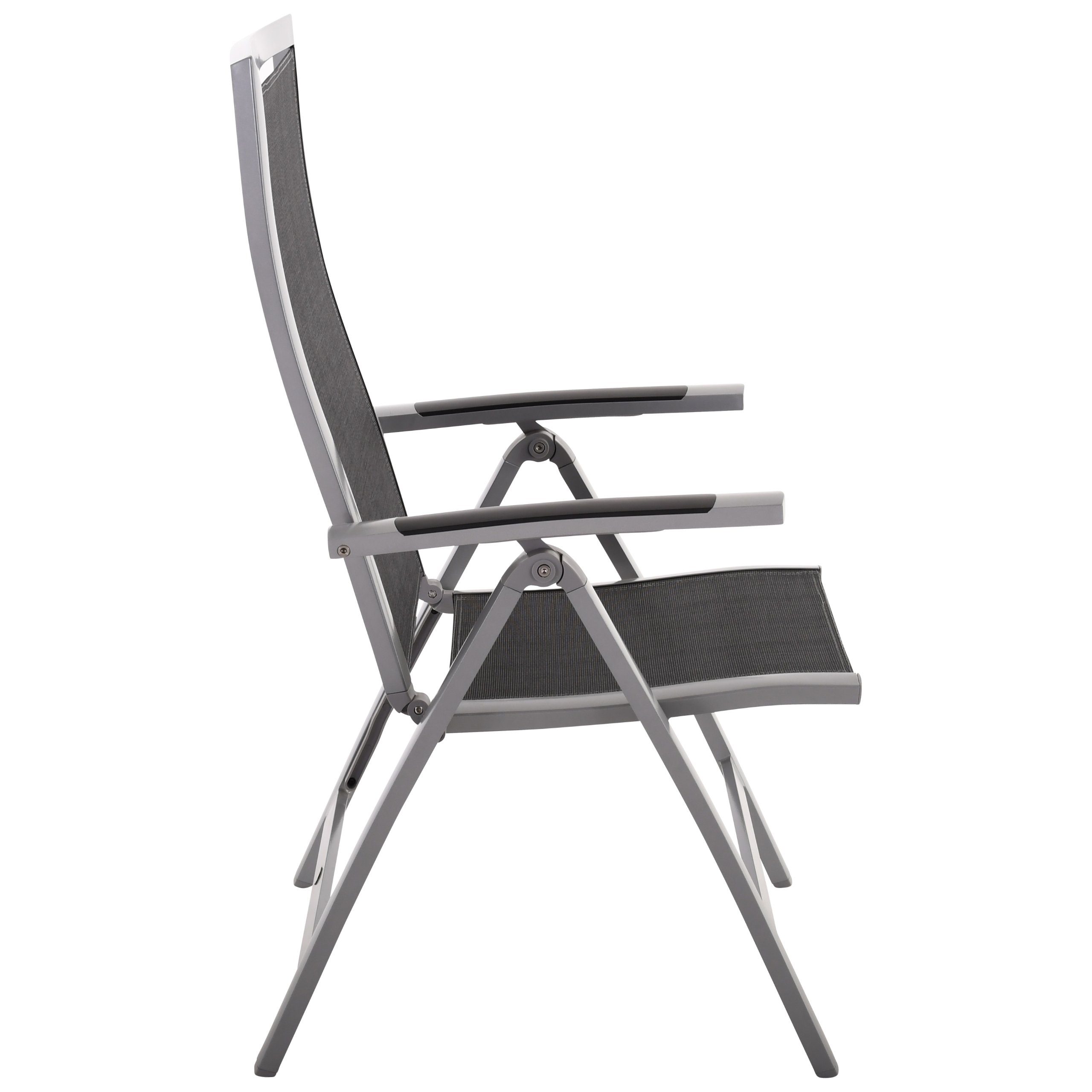 Gartenstuhl STAR in SILBER-SCHWARZ, Textilen SCHWARZ-SILBER, kompakt klappbarer Hochlehner, 5-fach verstellbar, Aluminium-Allround-Essstuhl, 135° Relaxwinkel, nur 5,7 kg, ideal für Garten, Terrasse & Camping, belastbar bis 120 kg