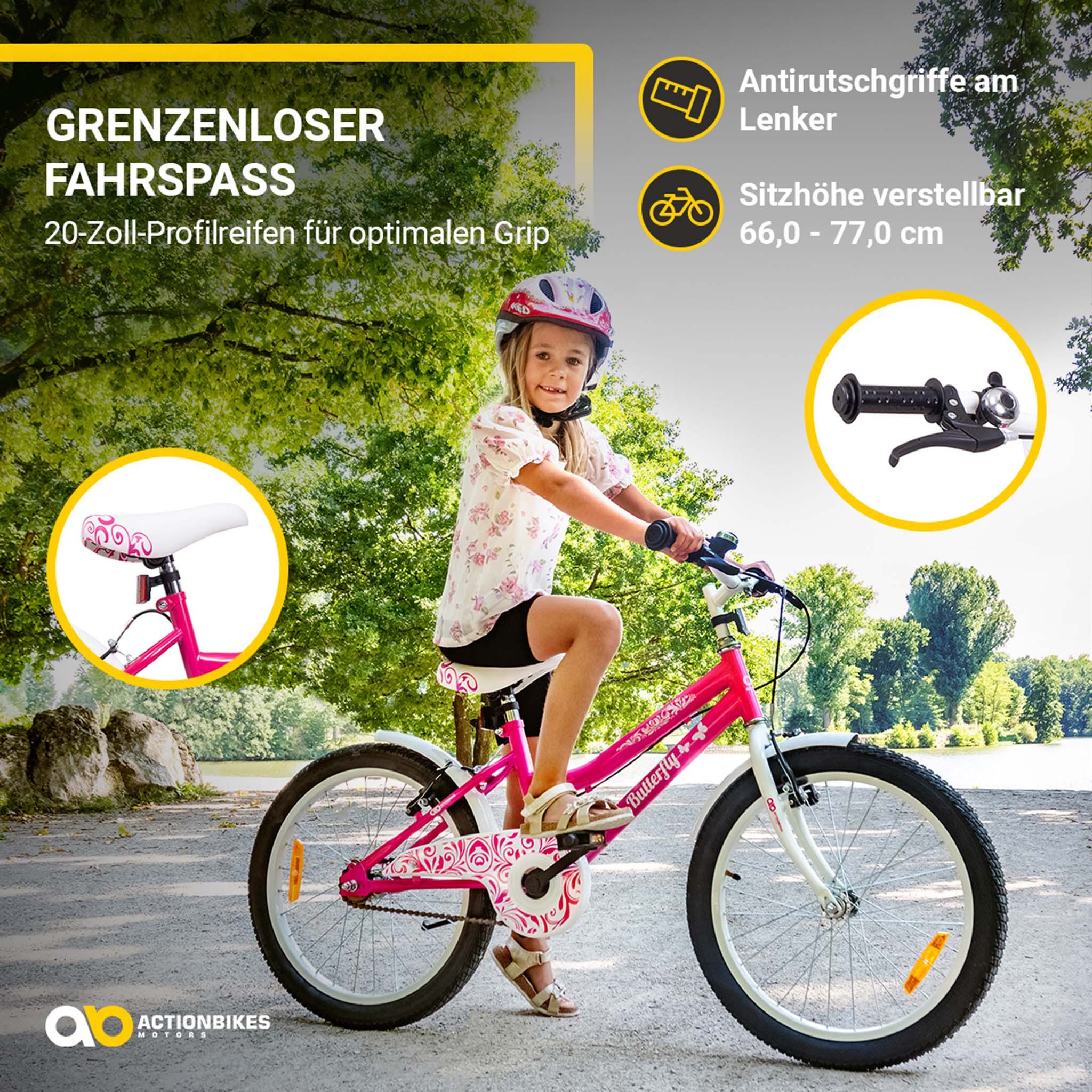 Actionbikes Motors Kinderfahrrad Mädchen Butterfly 20 Zoll - ab 6 Jahre, 1 Gang, (Kinderfahrrad für Mädchen, Kinderfahrrad 20 Zoll, 1-tlg., Fahrrad für Kinder, Mädchen Fahrrad, Kinderfahrrad ab 6 Jahre), höhenverstellbares Bike, Fahrrad mit Ständer & Kettenschutz