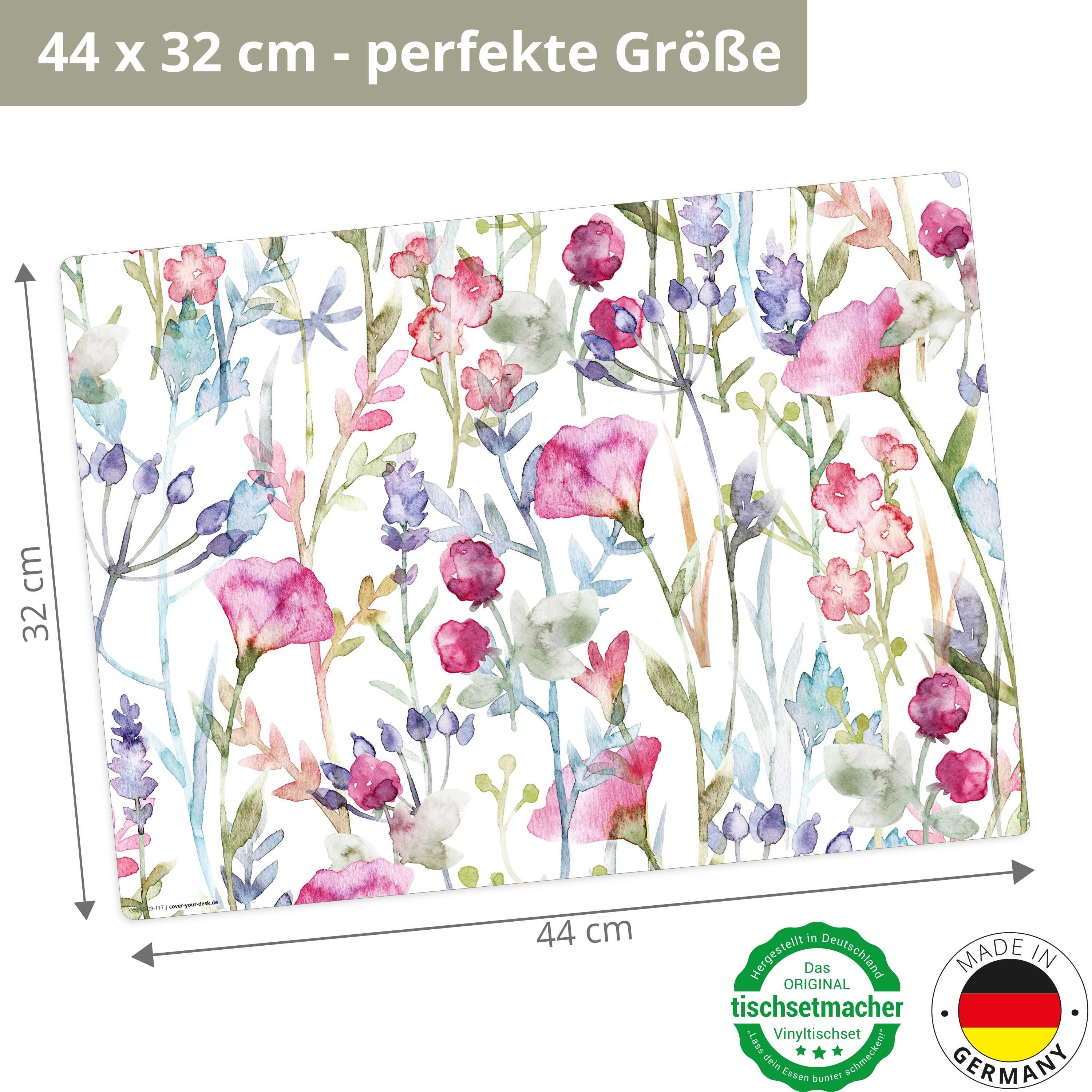 Tischsetmacher Platzset Tischset, Platzset abwaschbar - Wildblumen Aquarell, (aus erstklassigem Vinyl, 4-St., 44 x 32 cm / bunt), Made in Germany
