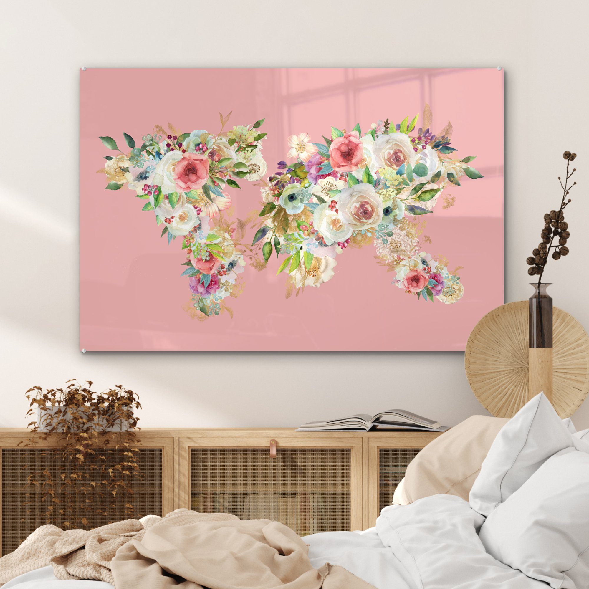 - - MuchoWow Weltkarte (1 Schlafzimmer Acrylglasbilder Rosen & Acrylglasbild St), Rosa, - Wohnzimmer Anemone