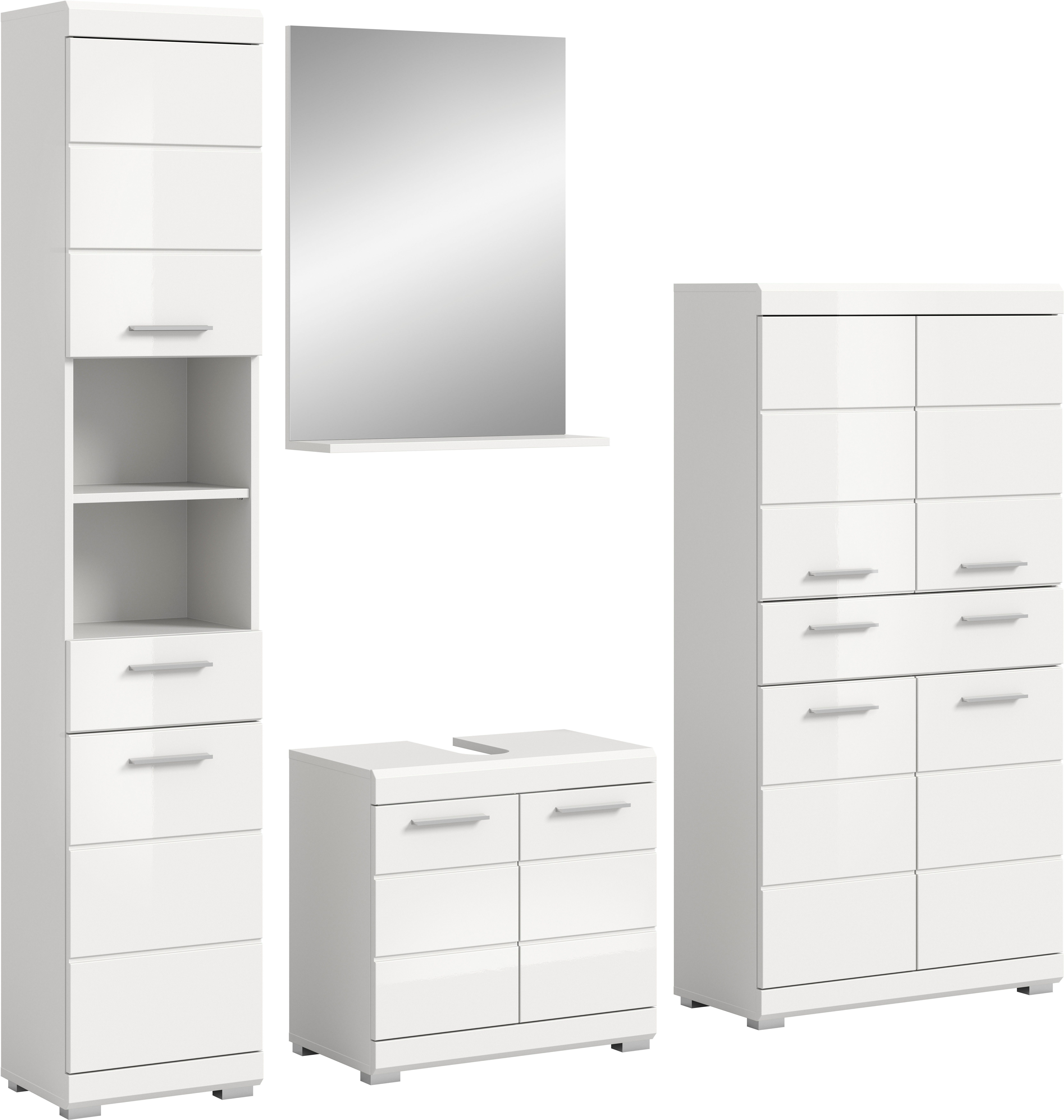welltime Badmöbel-Set Siena, 4 teilig, bestehend aus:, (Set, 4-St., TOPSELLER), Hochschrank, Waschbeckenunterschrank, Badspiegel, Midischrank