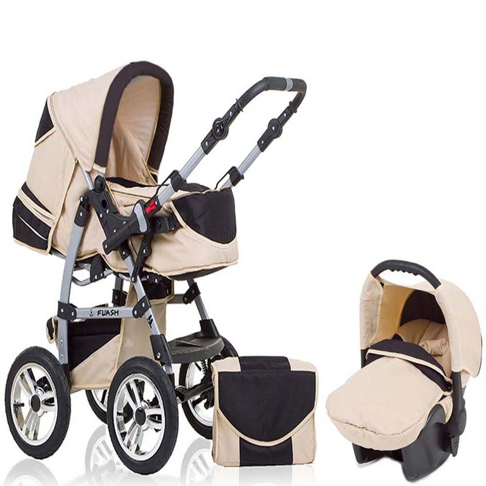 babies-on-wheels Kombi-Kinderwagen 3 in 1 Kinderwagen-Set Flash inkl. Autositz - 15 Teile - in 18 Farben Sand-Schwarz