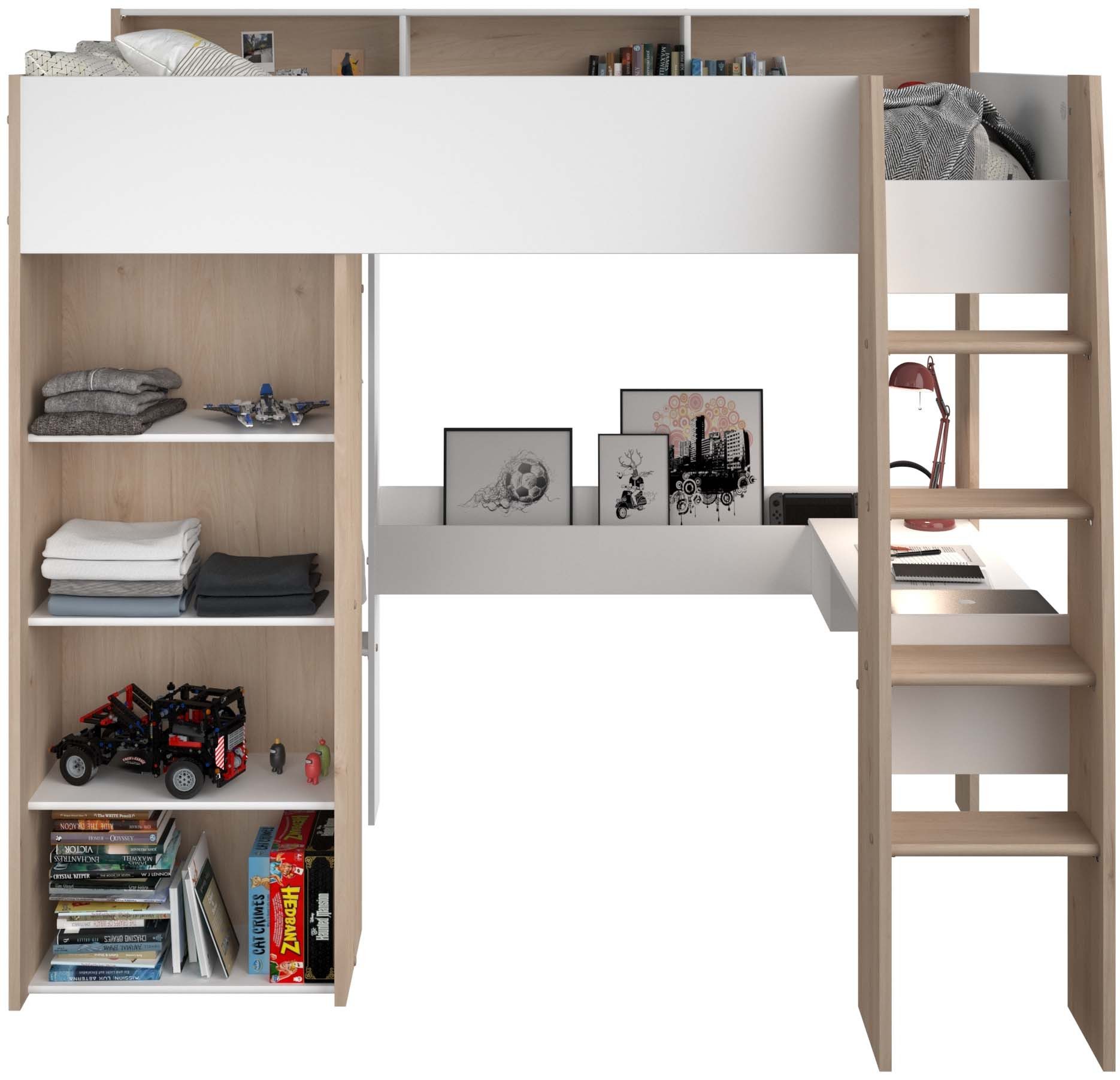 Parisot Hochbett Shelter 11 (1-St) integrierter Schreibtisch, Leiter, Regal, Kleiderstange, Ablagen