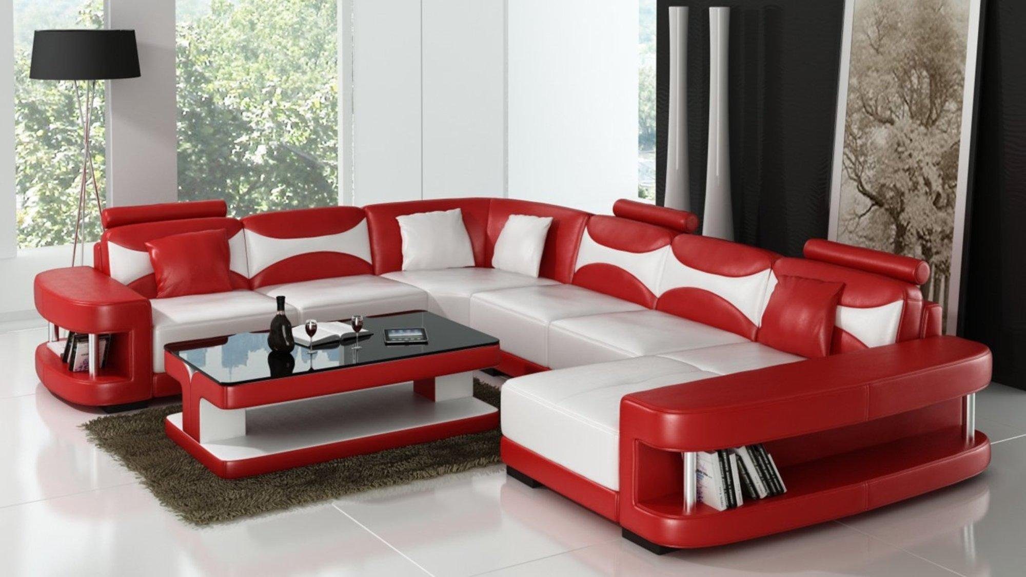 JVmoebel Ecksofa XXL Wohnlandschaft U Form Ecksofa Sofa Couch Polster Leder Sofas, Made in Europe Rot/Weiß