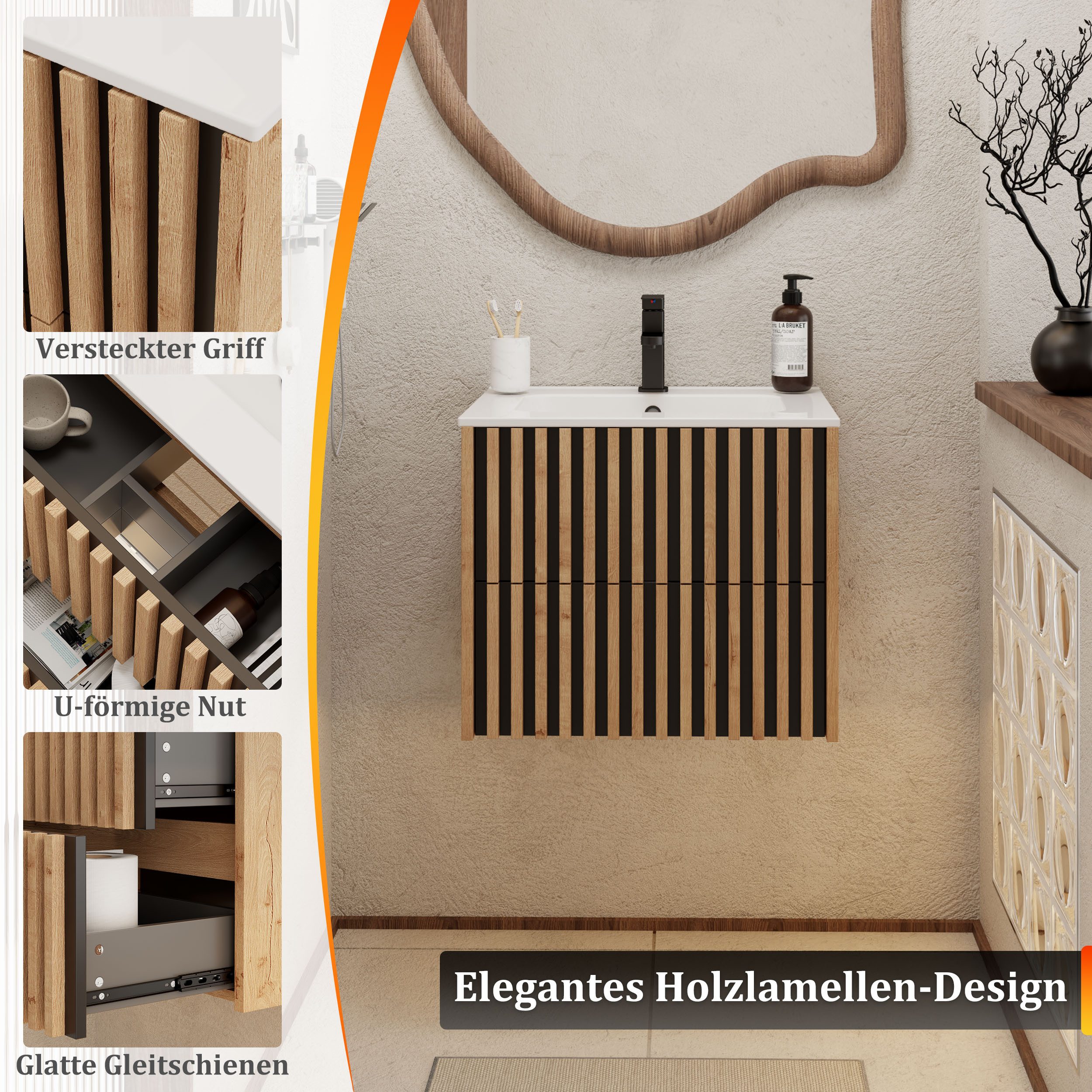 UEV Waschtisch Waschbecken mit Unterschrank set Badmöbel Gäste-WC (mit Wasserhahn und Pop-up-Ablassventil, Soft-close Schubladen,Waschbeckenunterschrank mit 2 S – Bild 5 von 5