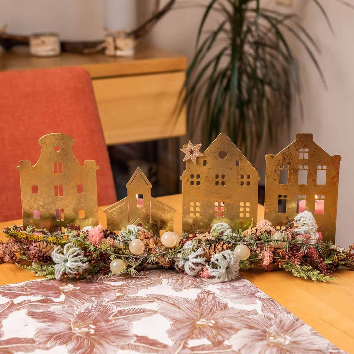 Florists Products Kerzenhalter Weihnachtlicher Kerzenhalter Antikgold mit Stadtsilhouetten