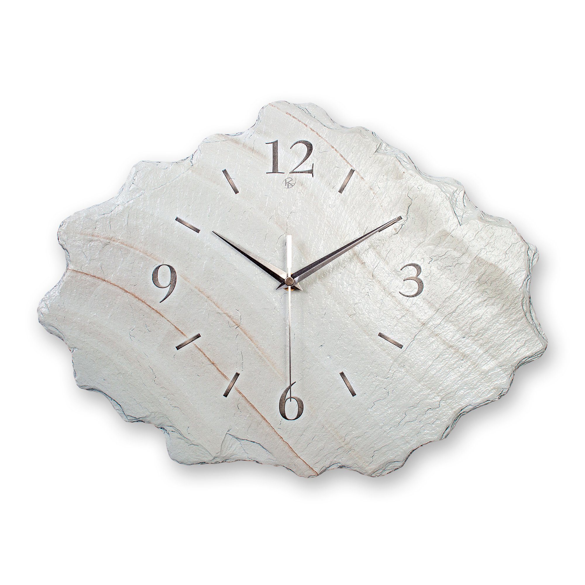 Kreative Feder Wanduhr Design-Wanduhr aus Stein (Beton) „Marmor-Optik weiß“ (Funk- oder Quarzuhrwerk; ohne Ticken; elegant, außergewöhnlich, modern)