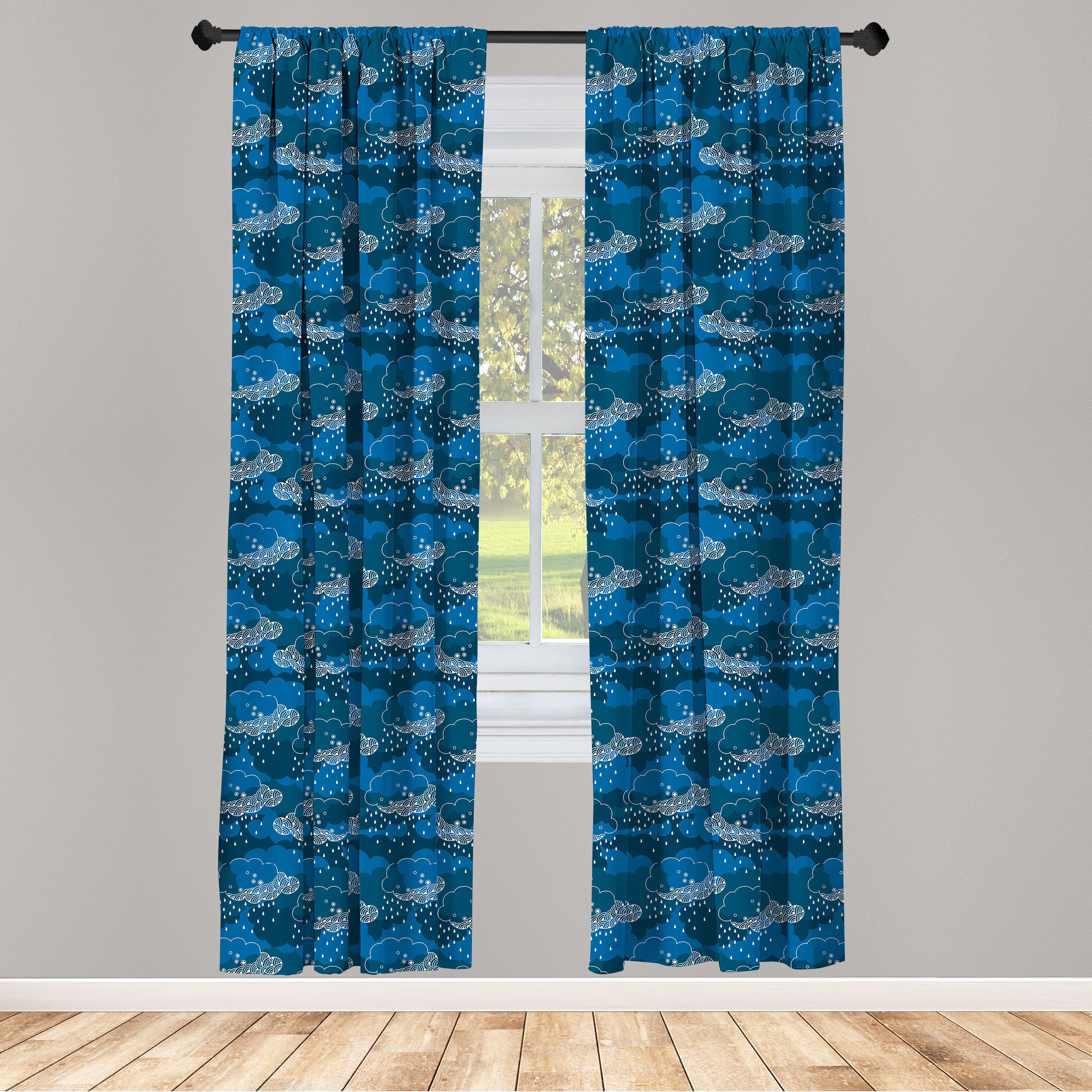 Gardine Vorhang für Wohnzimmer Schlafzimmer Dekor, Abakuhaus, Microfaser, Blau und weiß Regen-Wolken-Grafik