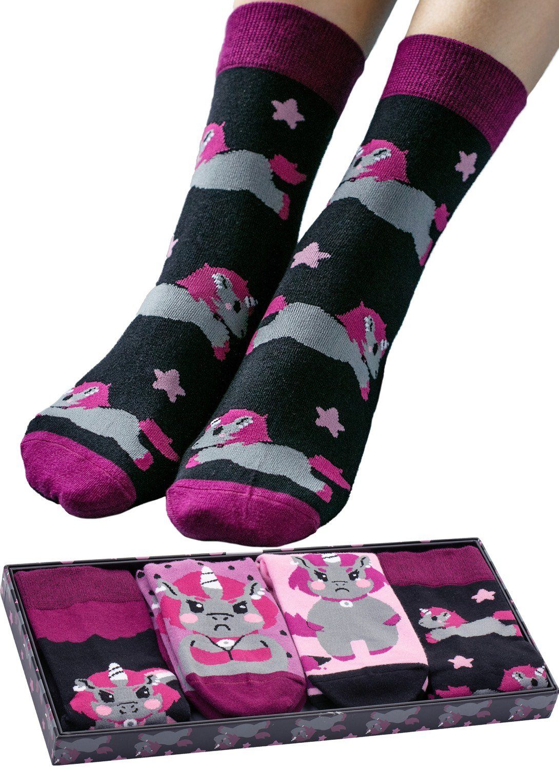 Corimori Haussocken in Baumwolle 4er Socken Witzige Set (Packung, Strümpfe plastikfreier bunte Kawaii 4-Paar, Geschenk- Geschenk-Verpackung Geschenk) Einhorn