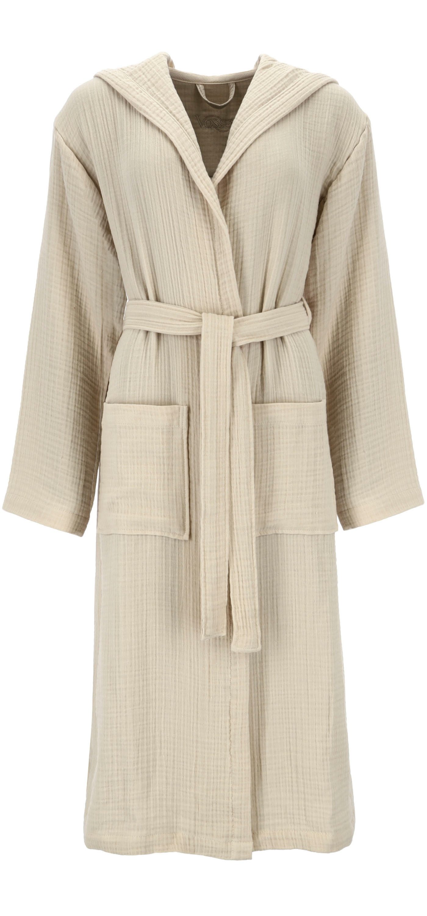 Vossen Bademantel Silent, ideal für Sauna & Spa, Hotelbademantel, Morgenmantel, Langform, Baumwolle, Kapuze, Gürtel, Musselin