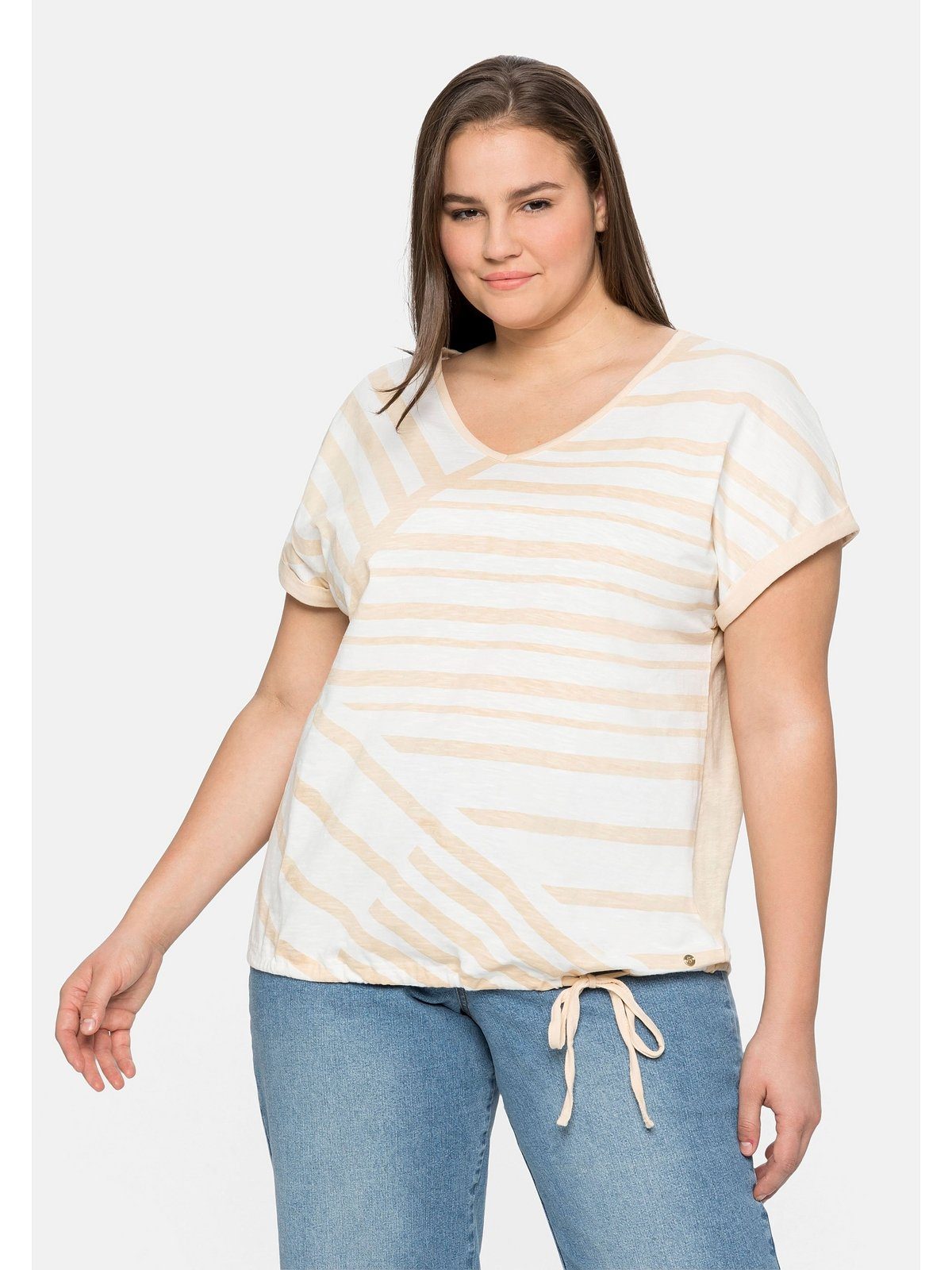 Sheego T-Shirt Große Größen mit Streifenprint vorn und Tunnelzug | V-Shirts