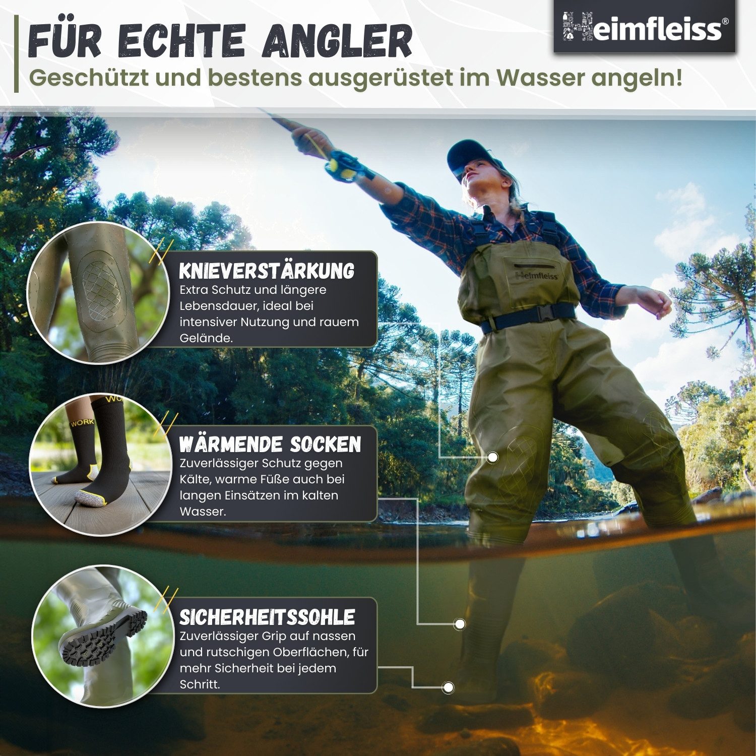 Heimfleiss® Wathose Anglerhose wasserdicht mit Stiefel Angeln Jagd (Komplettset mit Gürtel, 5-tlg., inkl. Socken & Einlegesohlen) rutschfeste Profilsohle verstä – Bild 4 von 5