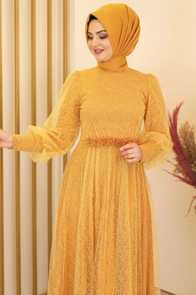fashionshowcase Abendkleid silbriges Tüllkleid Abiye Abaya Hijab Kleid Maxikleid (SIMLI GAMZE) (ohne Hijab) Hoher Kragen, kein Ausschnitt.