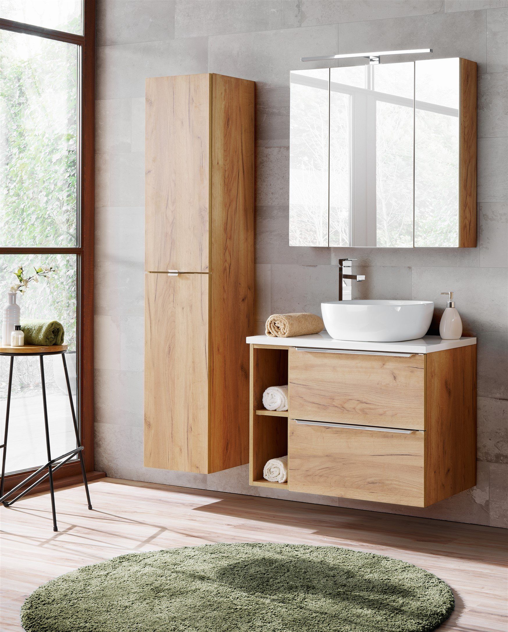Fun Möbel Badmöbel-Set 6-tlg oder 5-tlg Badezimmerset PERUGIA Gold Eiche, (Set, 6-St., Unterschrank, Abdeckplatte, Hängeschrank, LED-Spiegelschrank), Soft-Close-System, LED-Spiegelschrank, mit o. ohne Aufsatzwaschtisch