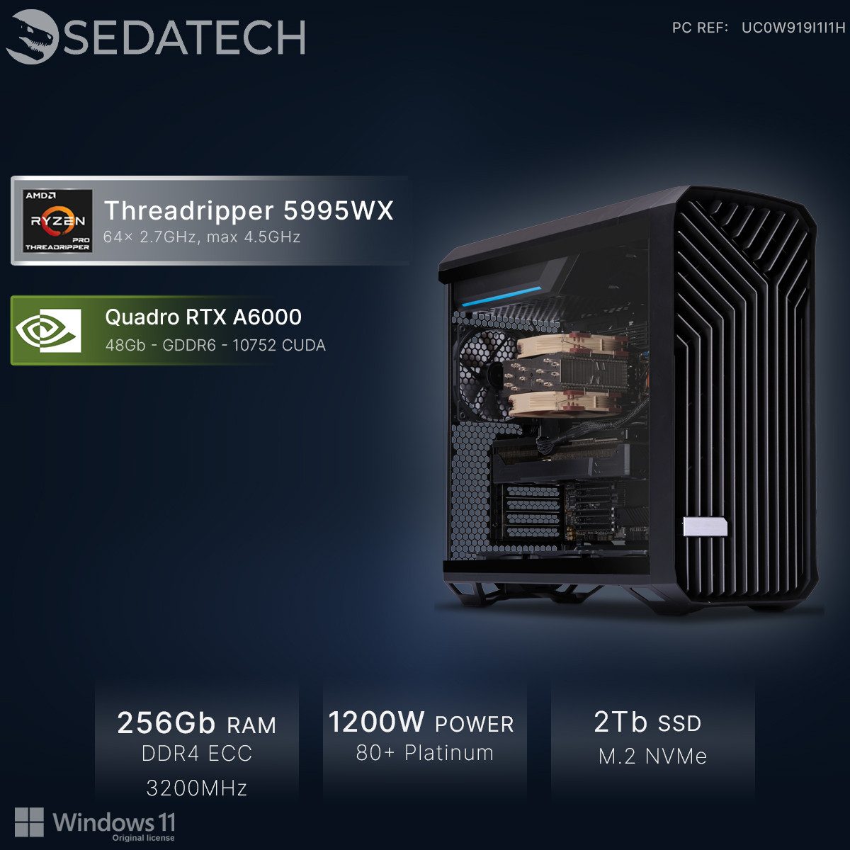 Sedatech UC0W919I1I1HF - Workstation Business-PC (AMD Ryzen Threadripper PRO Pro 5995WX 64x 2.7GHz (max 4.5GHz), Quadro RTX A6000 48GB, 256 GB RAM, 2000 GB SSD, Wlan 5)