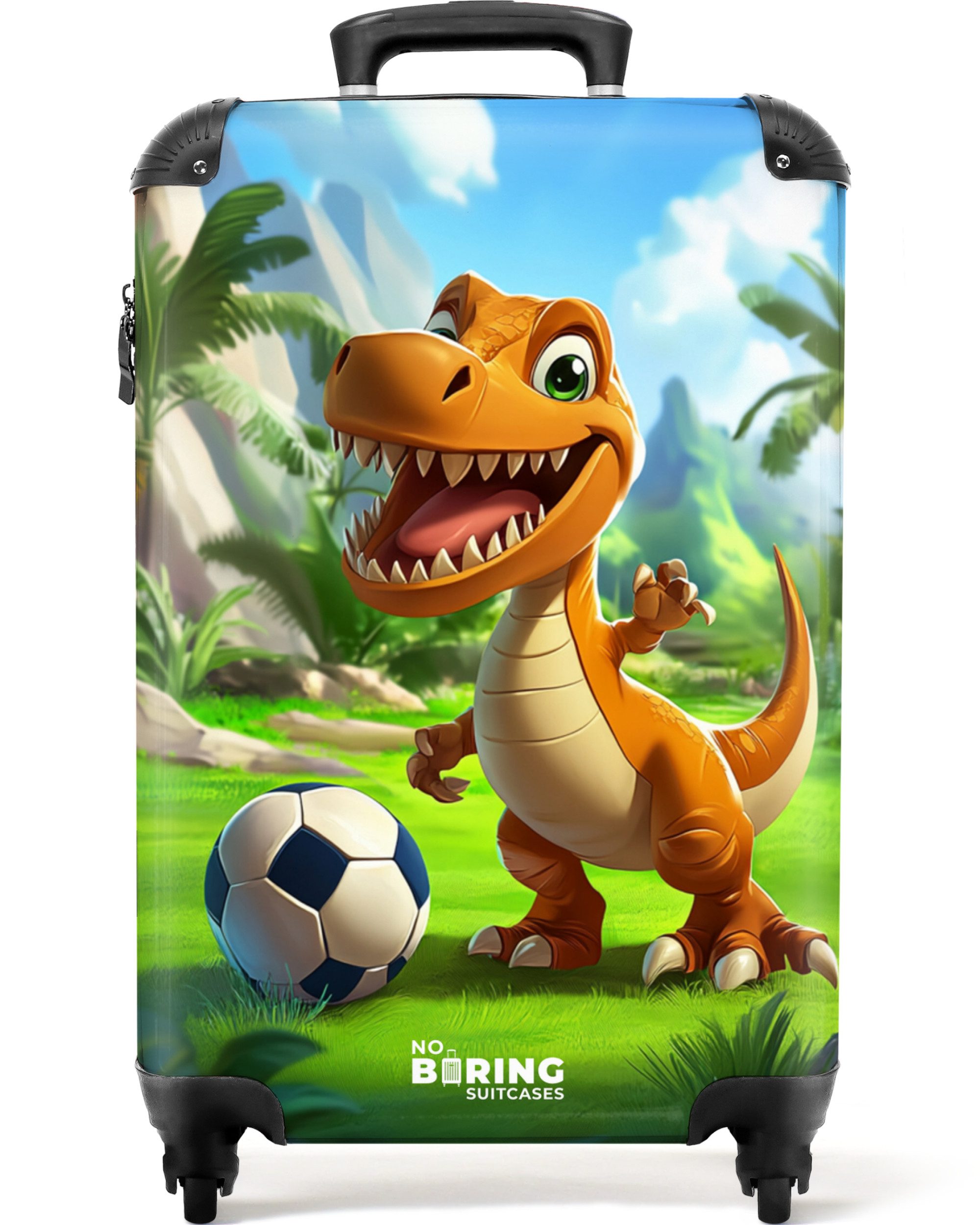 NoBoringSuitcases.com© Kinderkoffer Dino mit einem Fußball in grüner Landschaft 55x35x20cm, Handgepäck Koffer, Hartschalenkoffer Kinder, Reisekoffer Jungen