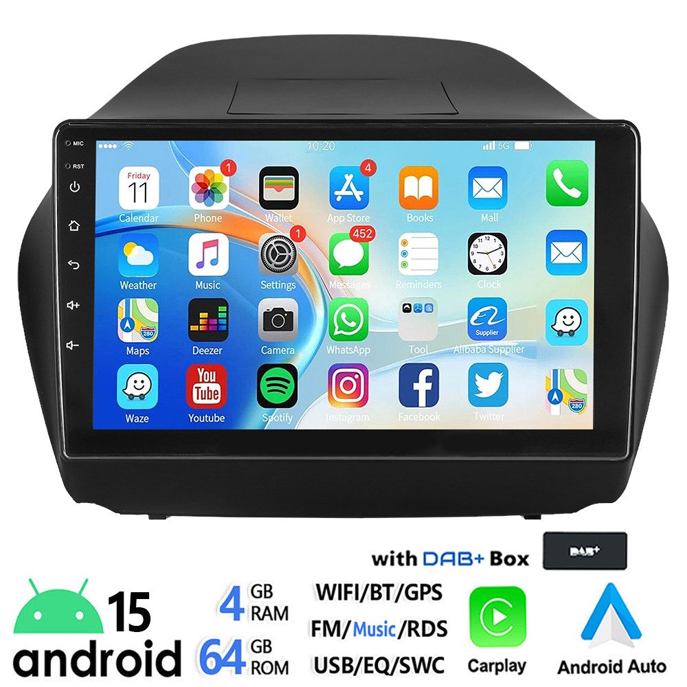 ESSGOO DAB+ 10'' Android 15 Für Hyundai iX35 10-15 Carplay Bluetooth GPS WiFi Autoradio (RDS, 4+64GB(optional), FM, AM, DAB+ (optional), Apple Carplay Android Auto GPS Navi WIFI BT EQ)
