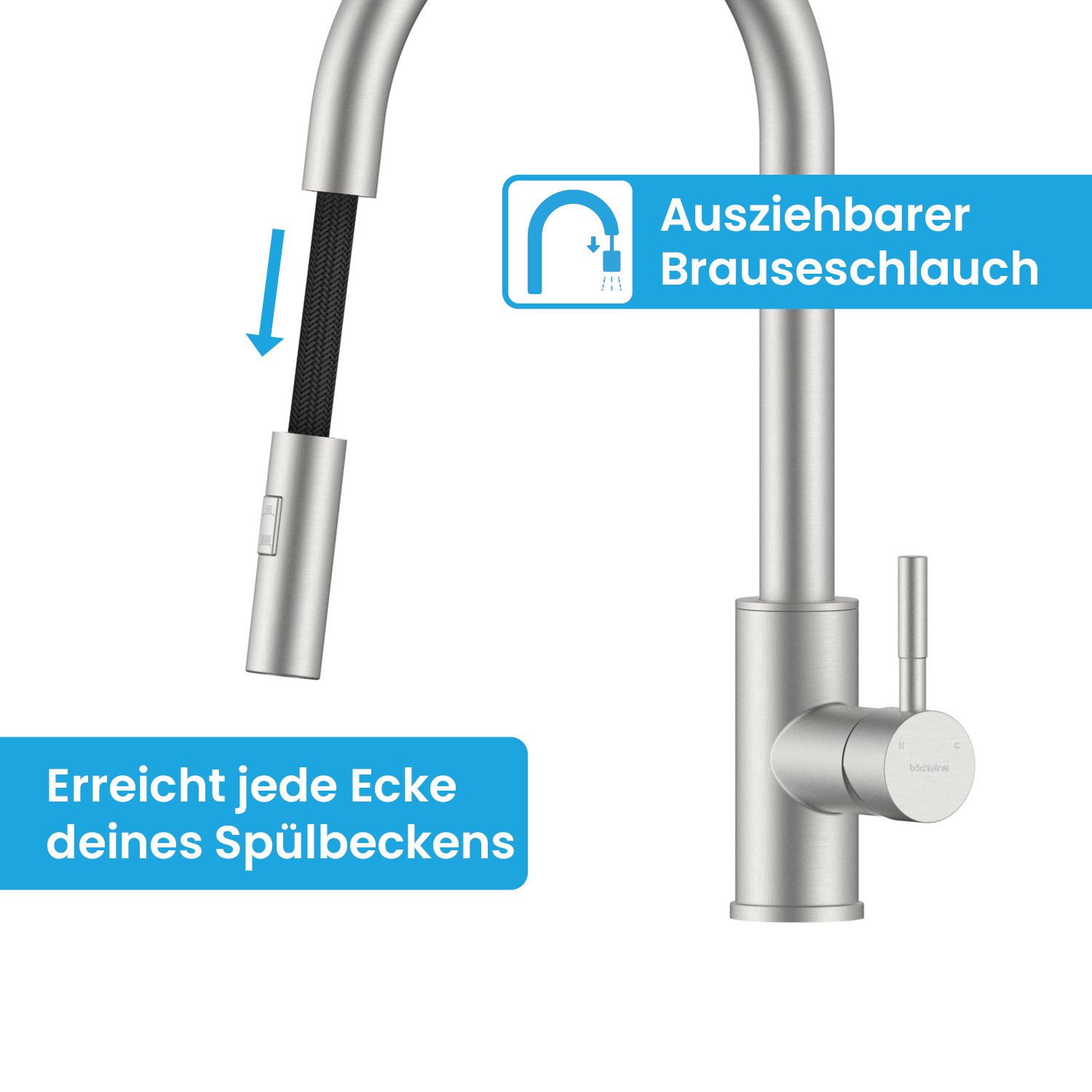 Bächlein Spültischarmatur Elegante Küchenarmatur Kocuso (Edelstahl gebürstet) hochwertige Designarmatur mit ausziehbarem Flexschlauch – Bild 4 von 5