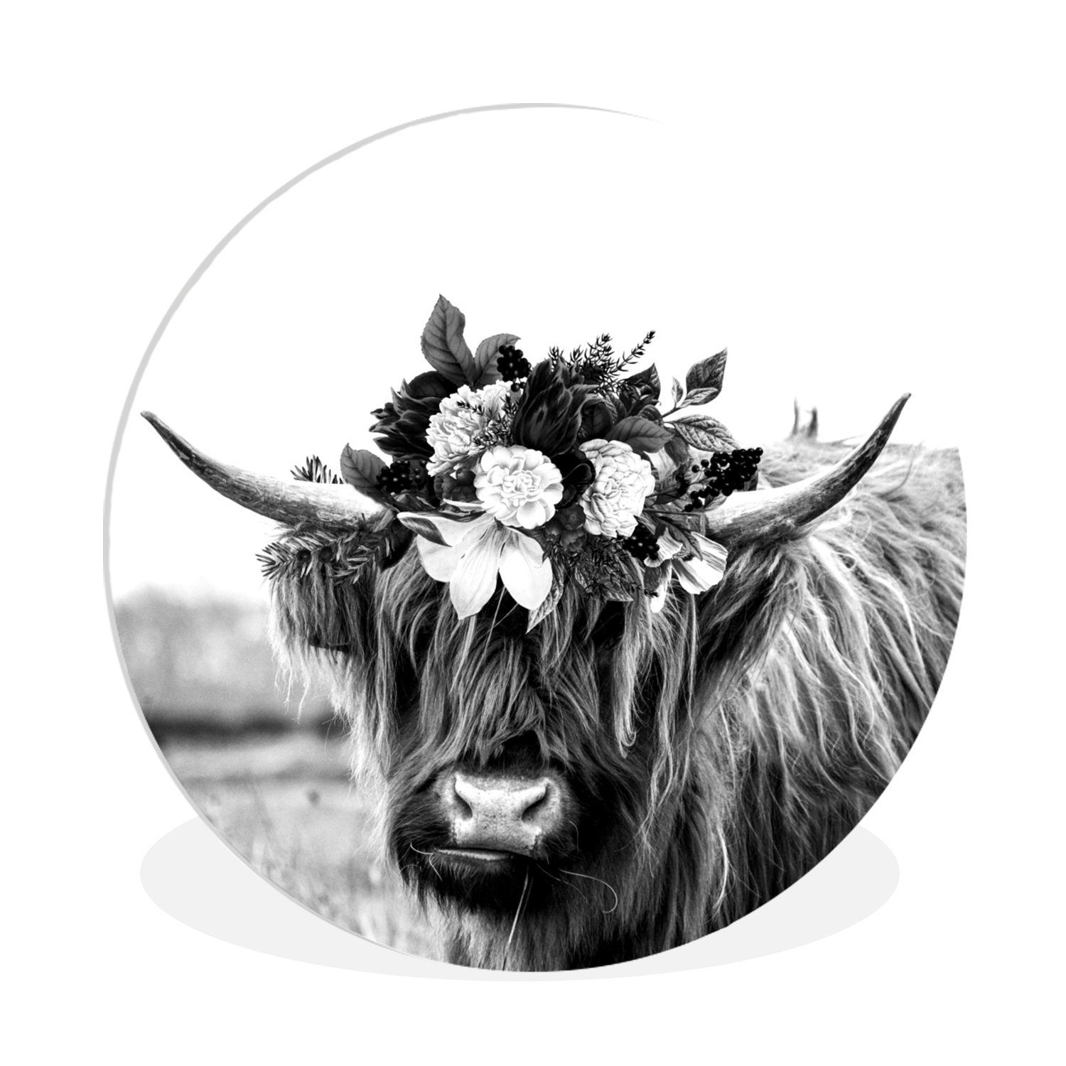 MuchoWow Gemälde Schottischer Highlander - Blumen - Schwarz - Weiß, Fotodru günstig online kaufen