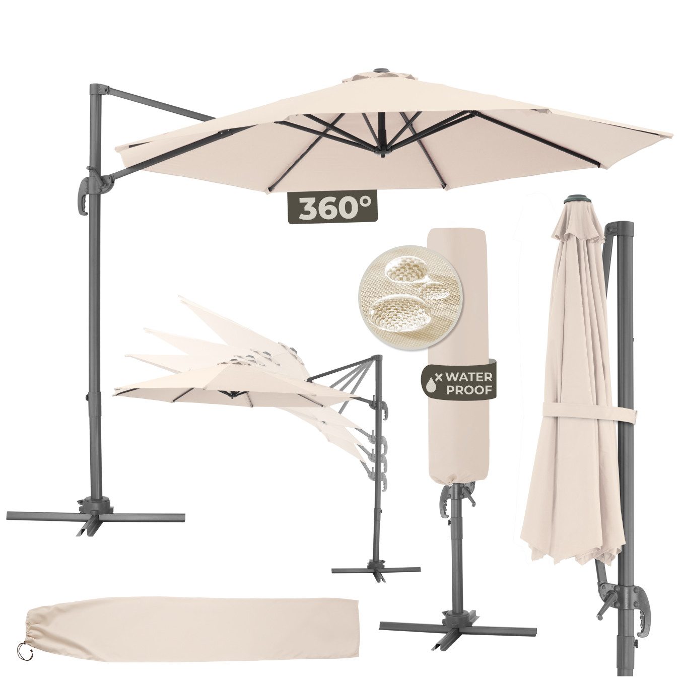 tectake Ampelschirm Sonnenschirm, Set mit Schutzhülle für Terrasse oder Garten, Parasol inkl. Schutzhülle in Schrimfarbe, Ø 300 cm