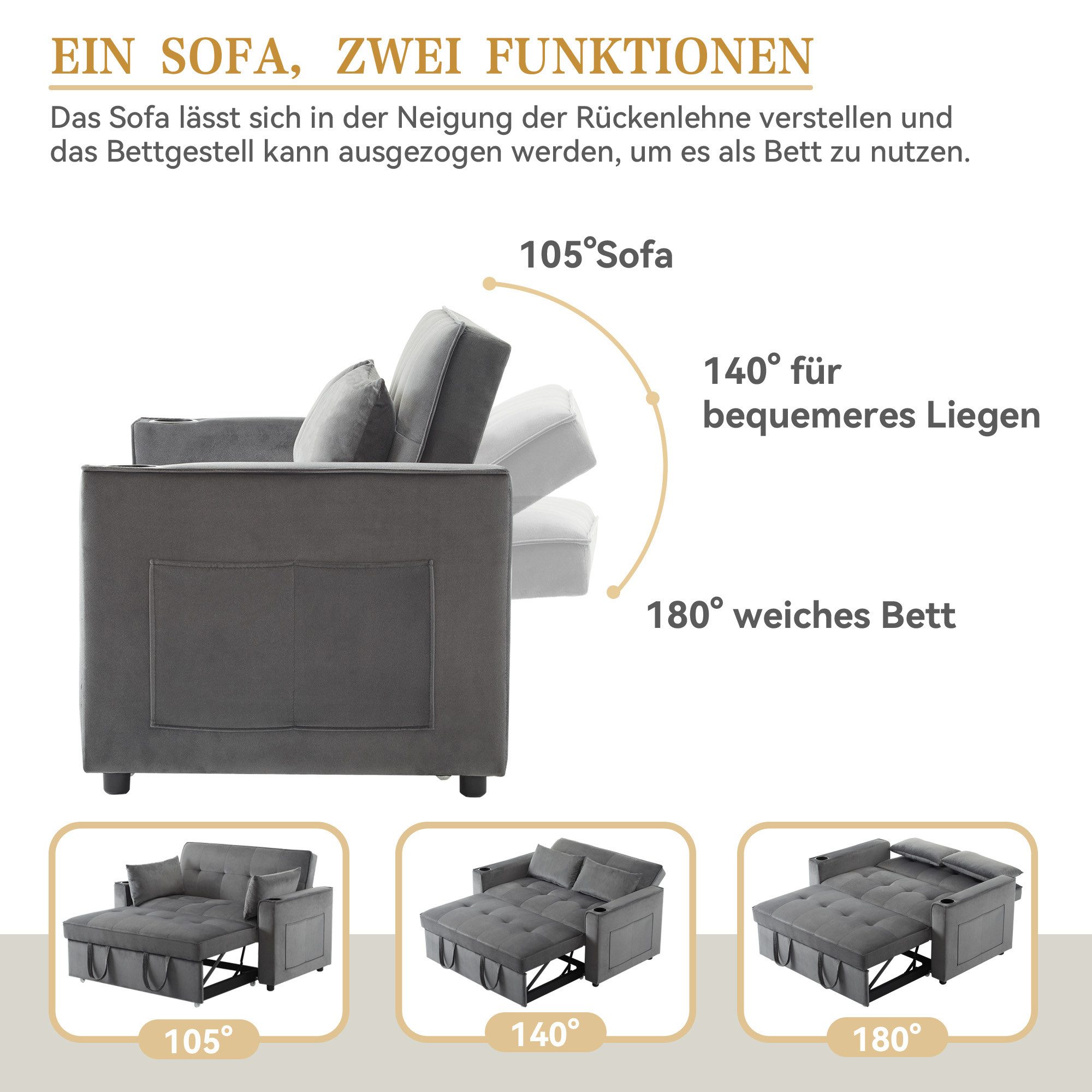 Merax Schlafsofa, mit 3-in-1 Bettfunktion,Loungesessel mit Schlaffunktion,viel Stauraum