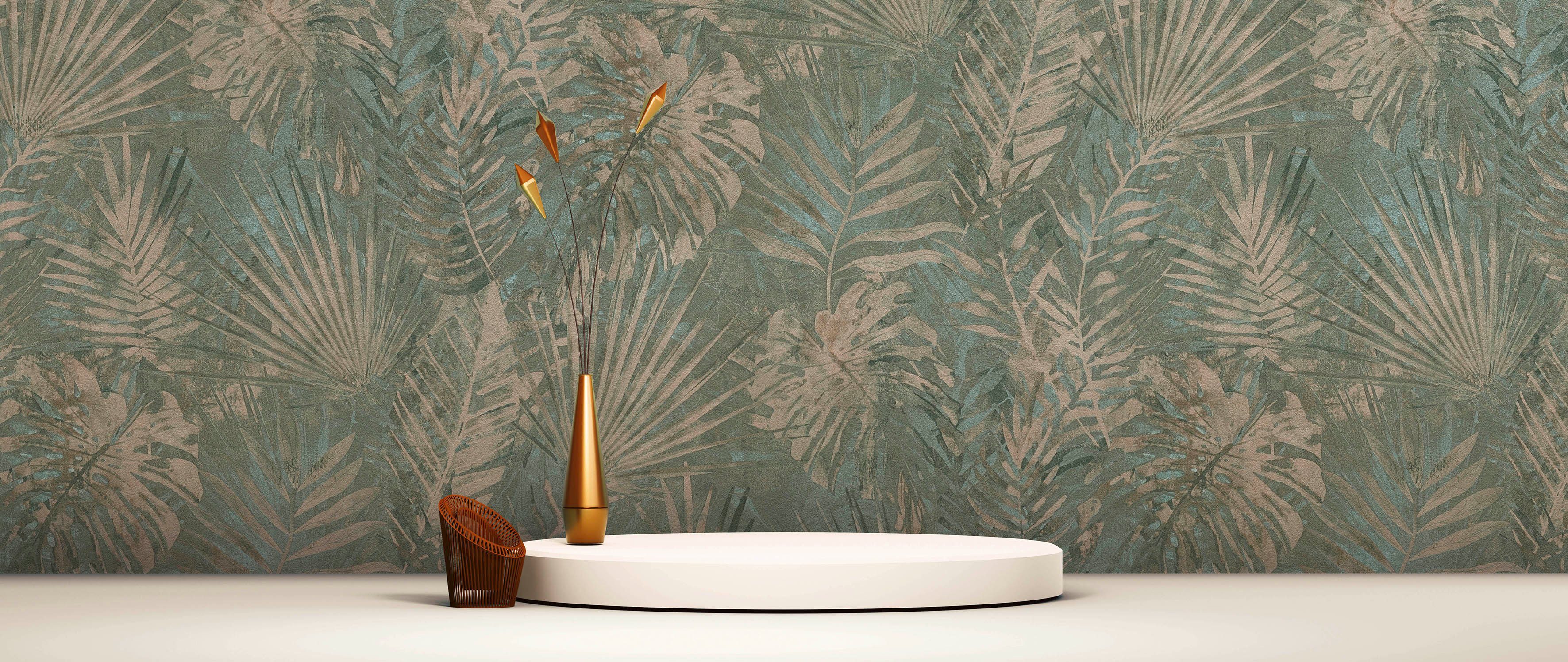 A.S. Création Vliestapete Natural Living Dschungelblätter, leicht strukturiert, matt, gemustert, neutral, (1 St), Dschungel Tapete Vlies Vlies Wand Tapeten Wohnzimmer Schlafzimmer Flur