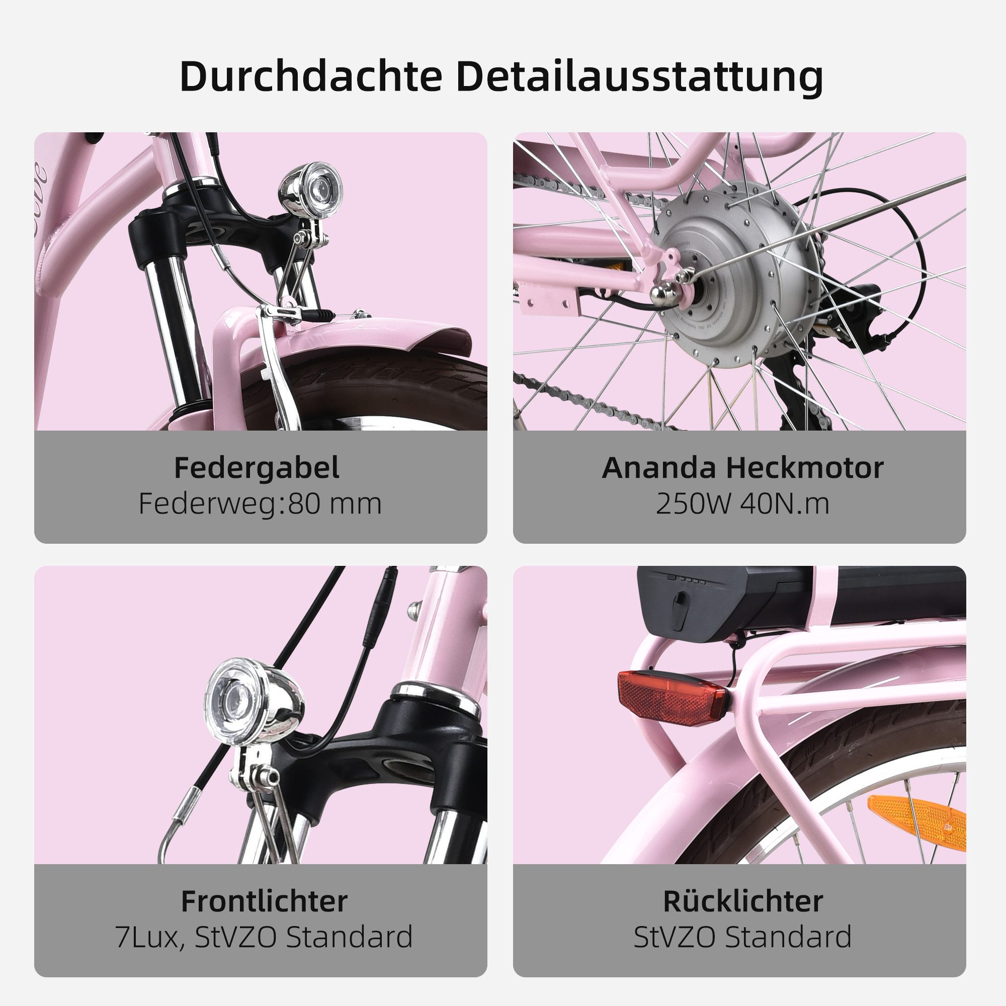 VECOCRAFT E-Bike Cityrad 28’’ Elektrofahrrad 36V 10Ah 80mm Federgabel 40Nm HEBE Ebike Damen, 7 Gang, Heckmotor, 360 Wh, Pedelec Citybike für Damen und Herren – Bild 5 von 5