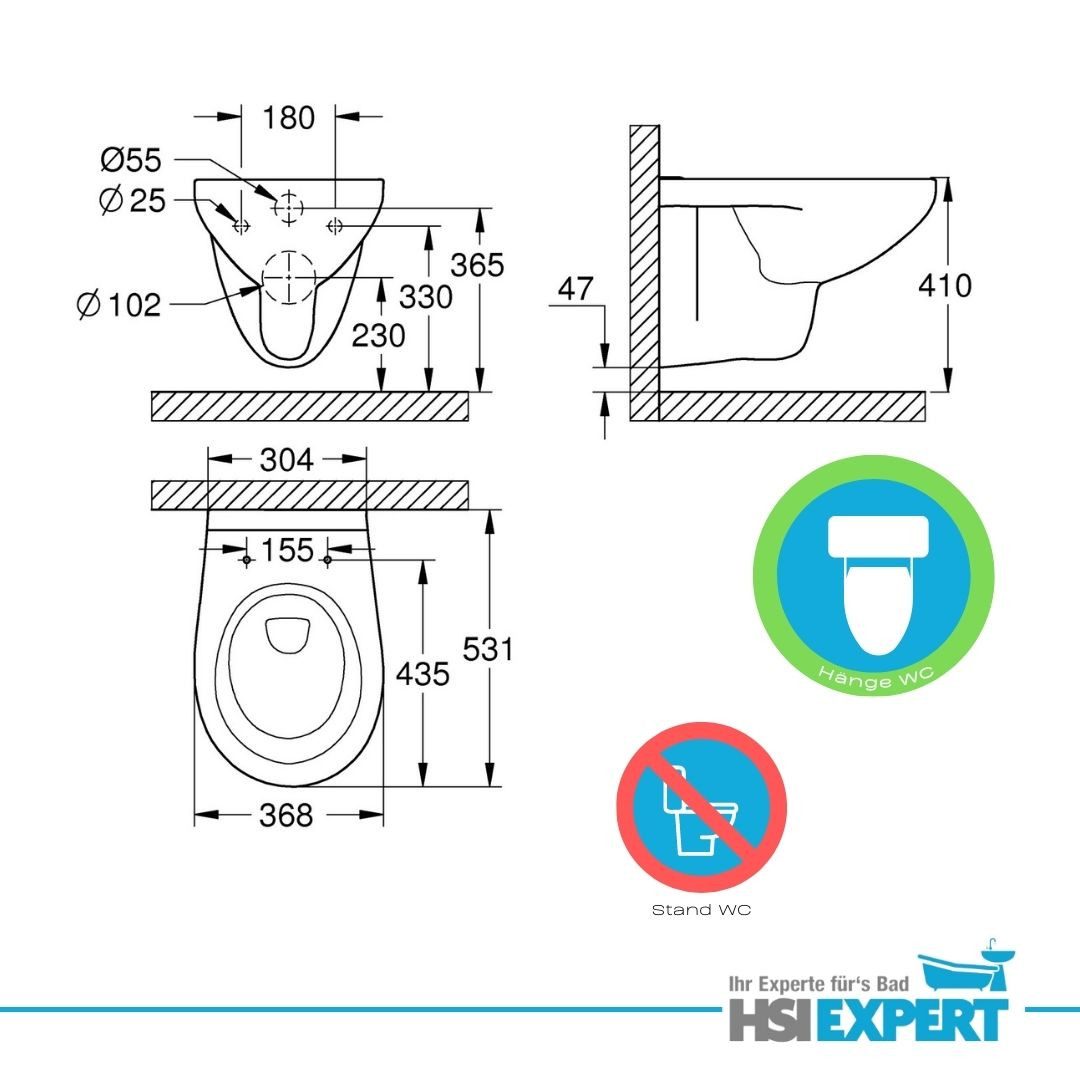Grohe Tiefspül-WC Grohe hänge WC Toilette spülrandlos WC Sitz, Wandmontage, Abgang hinten