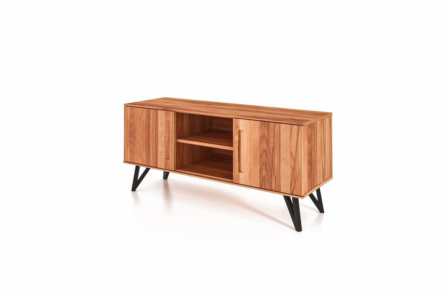 Natur24 Lowboard TV-Board Rolo Kernbuche massiv 136x45x61 Metallbeine 2 Türen 2 Fächer