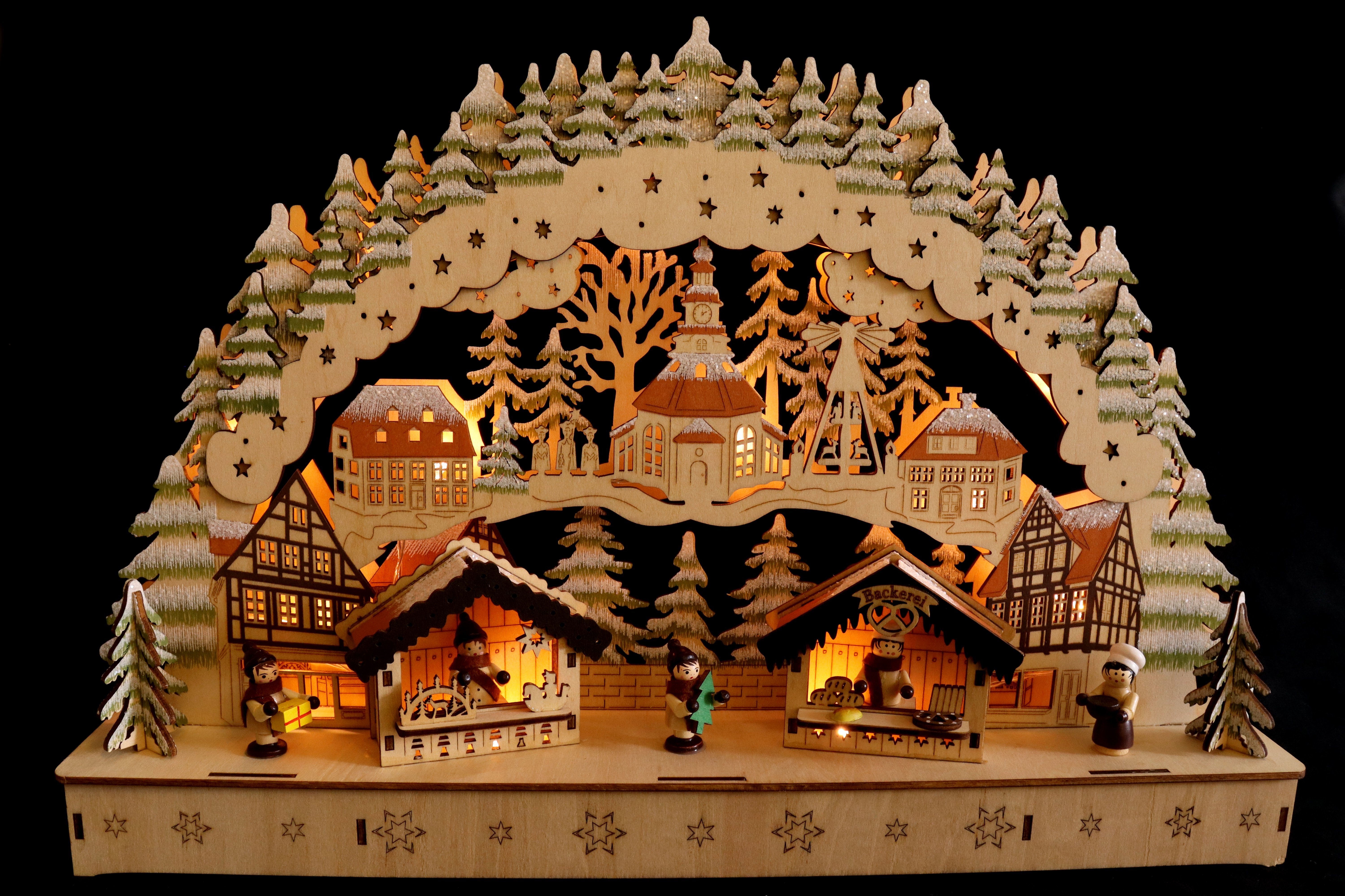 Glitzer, Fensterschmuck Weihnachtspyramide, 3D Off) Holzschnitt, on/18h Lichterbogen Timer ELLUG Funktion Lichterbogen (6h LED Weihnachtsdeko Weihnachtsmarkt & 44,5*8*30cm, Schwibbogen batteriebetrieben,