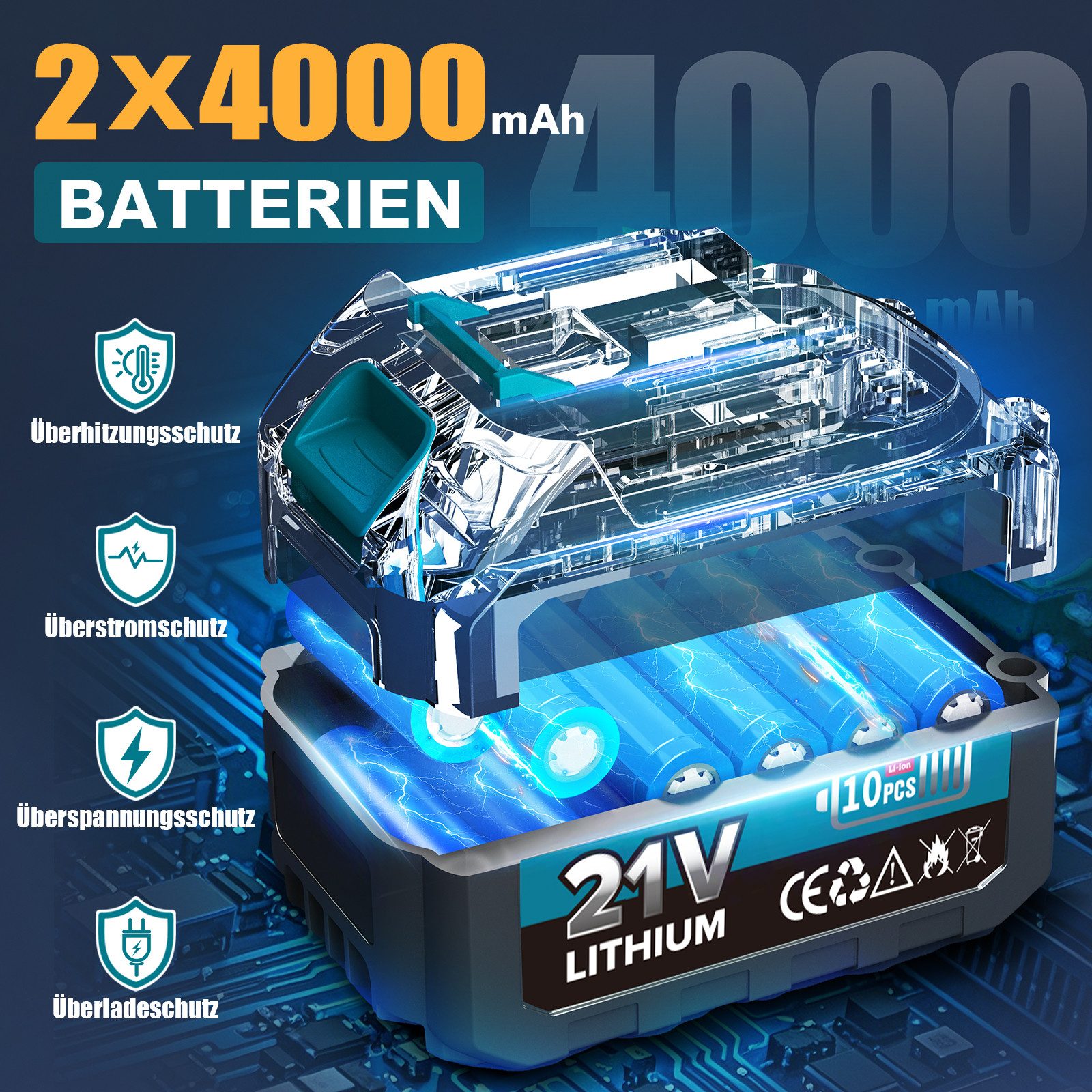 Rinoxar Akku-Kettensäge 6''/8''/12'' Elektro-Kettensäge, 1300W Bürstenloser Handkettensäge, 2*4000mAh Akku, Bürstenlosem Motor, für Gartenarbeit, Holzschneidenz
