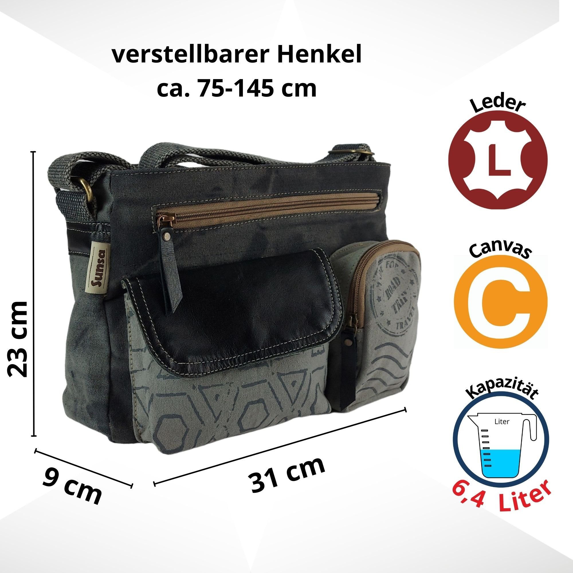 kleine Tasche mit 3 echt grau/ Schultertasche Sunsa schwarz Taschen, Umhängetasche Leder Front Canvas