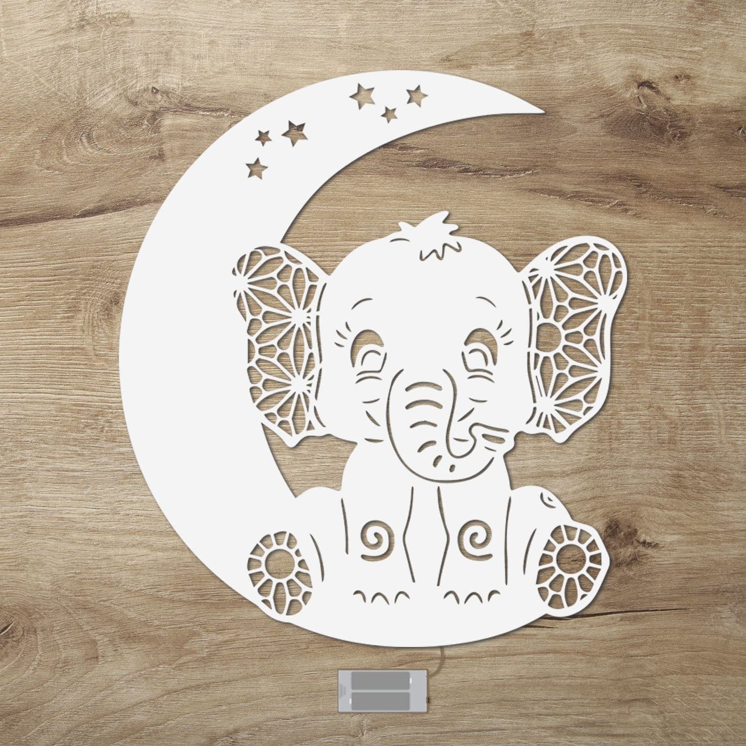 Namofactur LED Nachtlicht Elefant auf Mond - Schlaflicht mit Elefanten Motiv für Kleinkinder, Ohne Zugschalter, LED fest integriert, Warmweiß, Wanddekoobjekt Kinderzimmer Leuchte batteriebetrieben