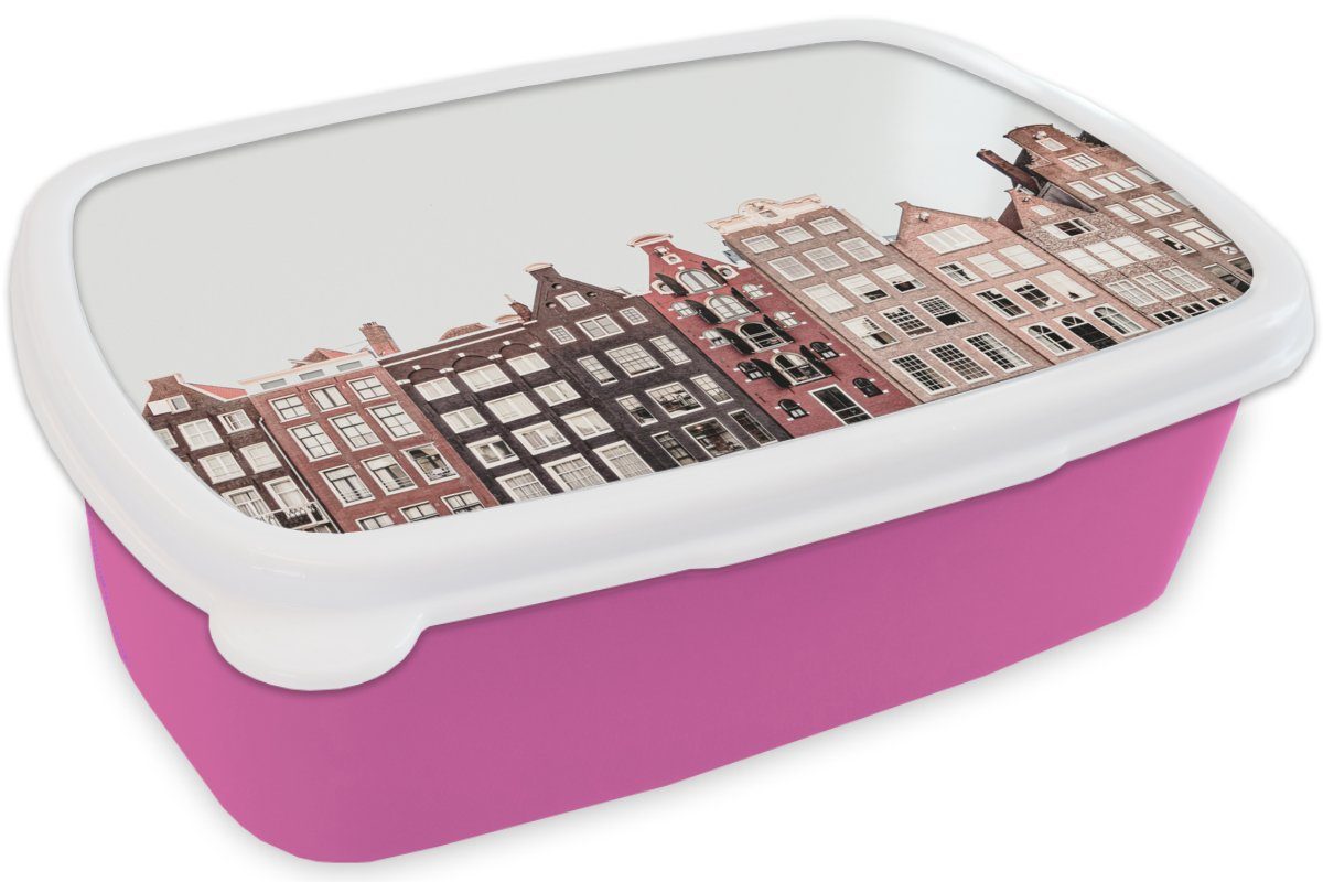 Straße, Amsterdam Häuser Kunststoff, - Kunststoff rosa Kinder, Architektur Mädchen, Lunchbox für - Brotbox - Snackbox, Erwachsene, MuchoWow Brotdose (2-tlg),