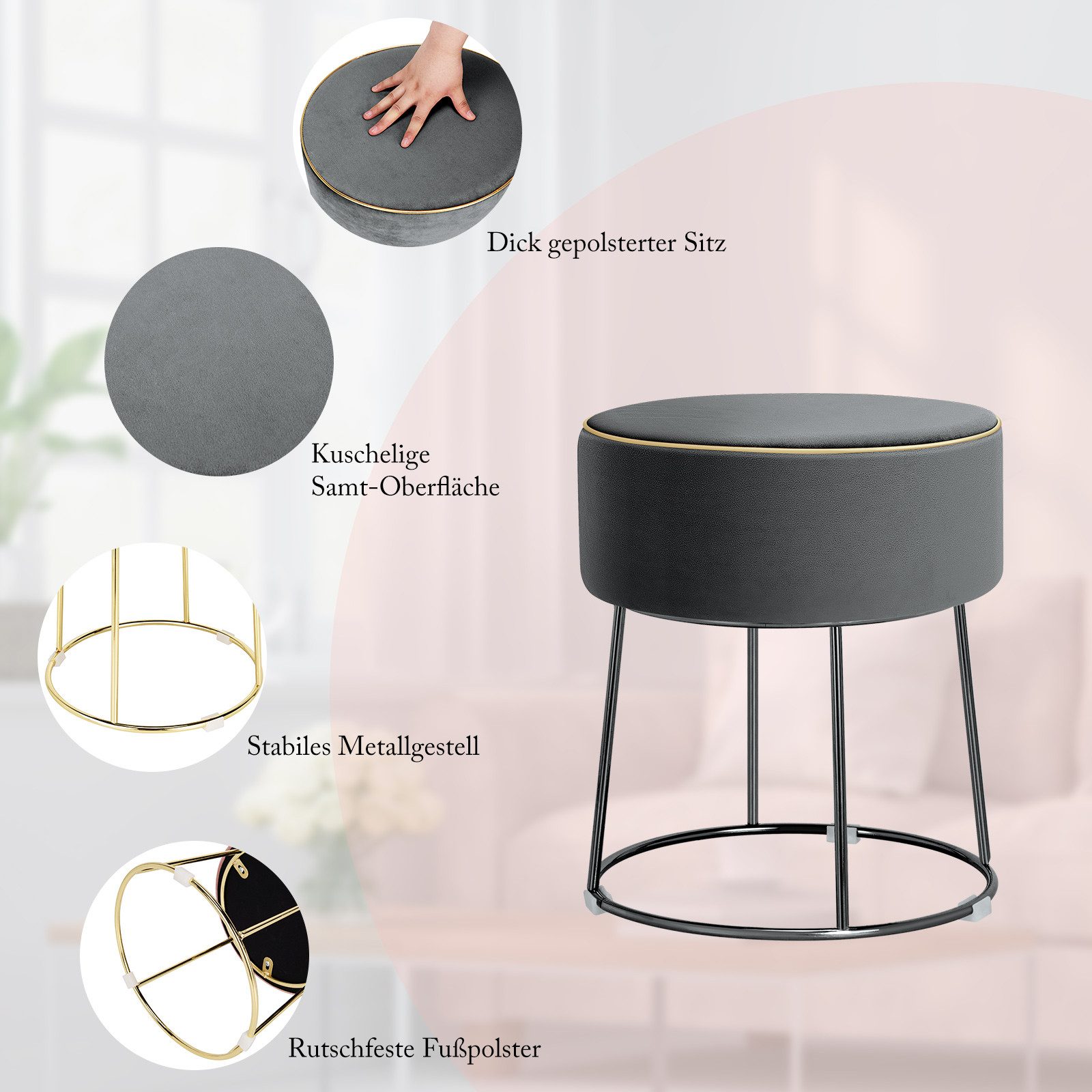 COSTWAY Sitzhocker, Rund, aus Samt, mit Metallbeinen, 150kg, gepolstert