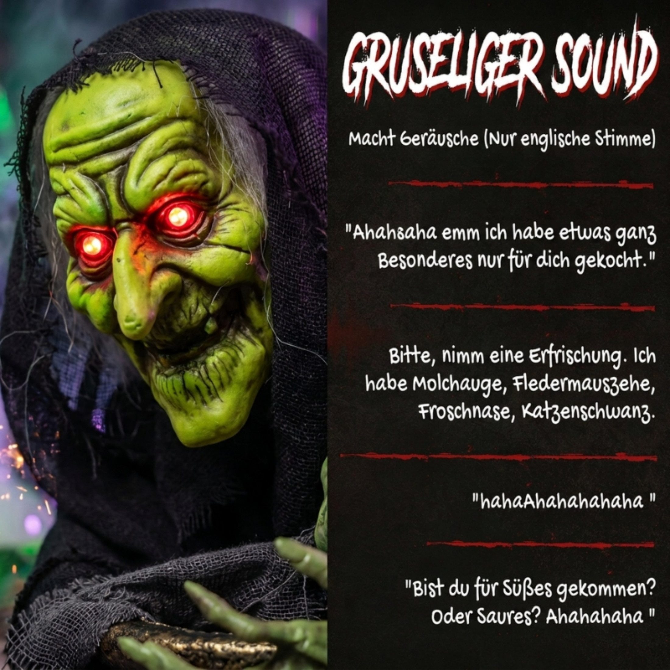 Blossom LED Dekoobjekt Animierte Halloween-Hexe mit Kessel, Rührbewegung LED, Soundeffekten, Touch- und Geräuschaktivierung, kabellos, 47 cm, Tischdekoration – Bild 5 von 5