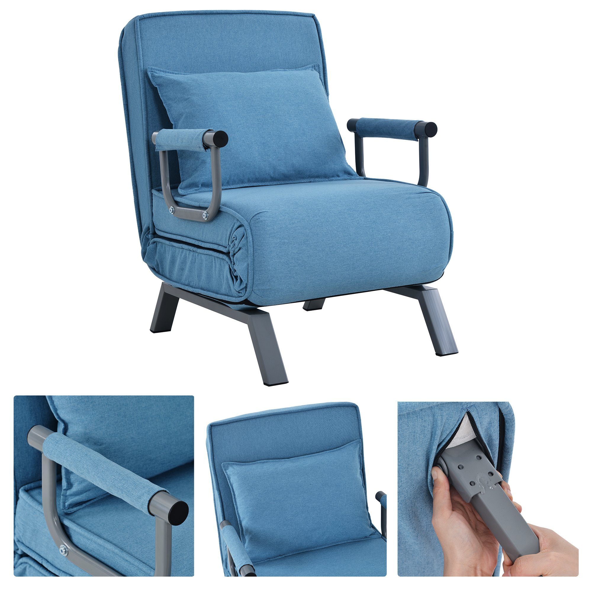 Flieks Relaxliege, faltbarer Schlafsessel, klappbarer Blau Sessel mit Kissen, Bürosessel