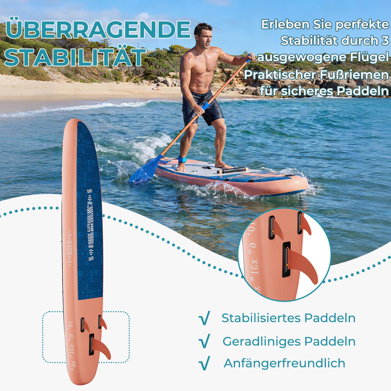 GUNJI Inflatable SUP-Board Aufblasbares 320*80*15CM stehendes Zellstoffbrett Tragfähigkeit 130KG, (Mit Kajaksitz, Rucksack, Pumpe, Doppelpaddeln, Sportkamerahalter, wasserdichter Handytasche, ideal zum Surfen, Angeln)