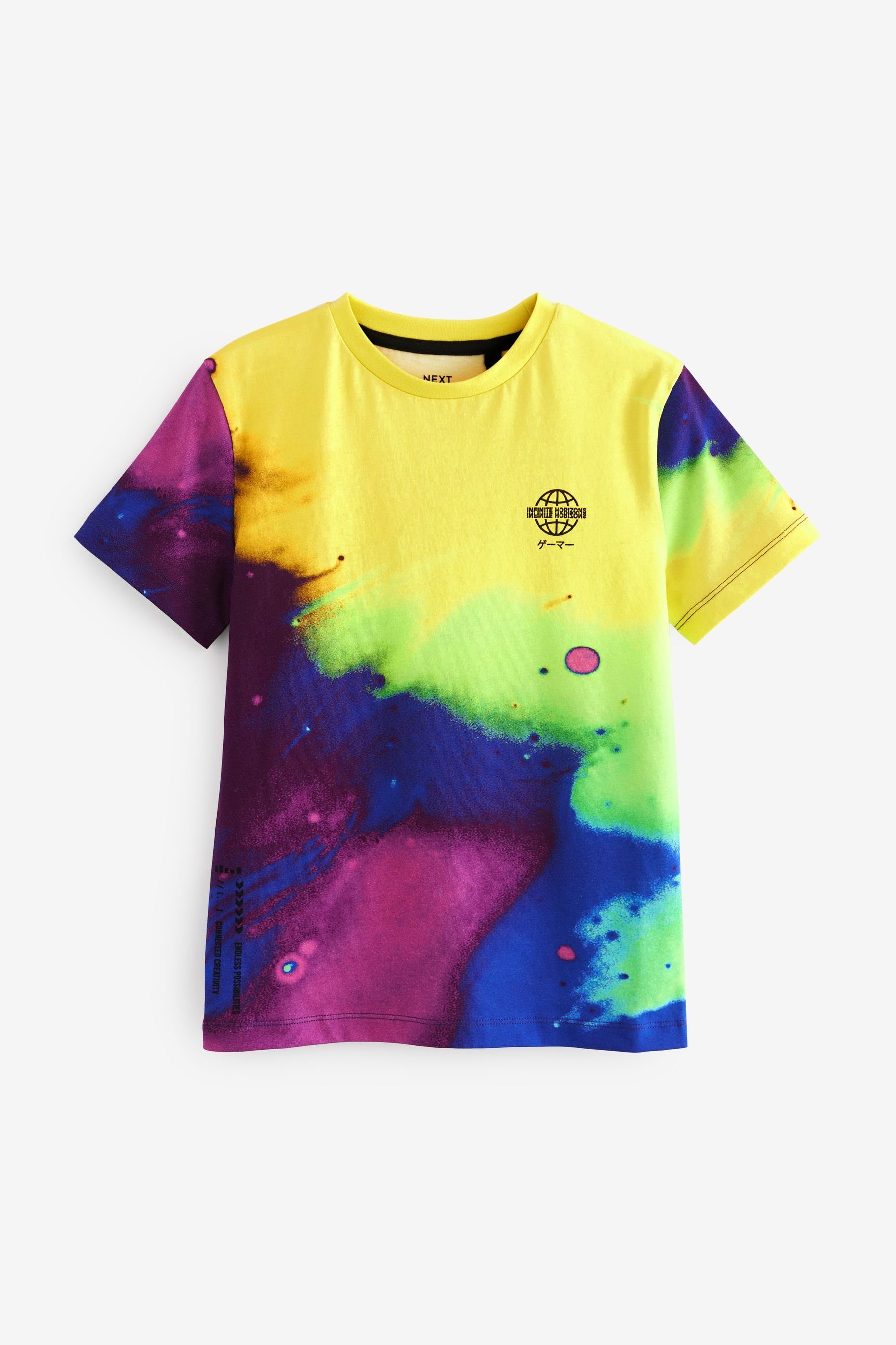 Next T-Shirt Kurzärmeliges T-Shirt mit durchgehendem Print (1-tlg) Yellow/Blue Splat