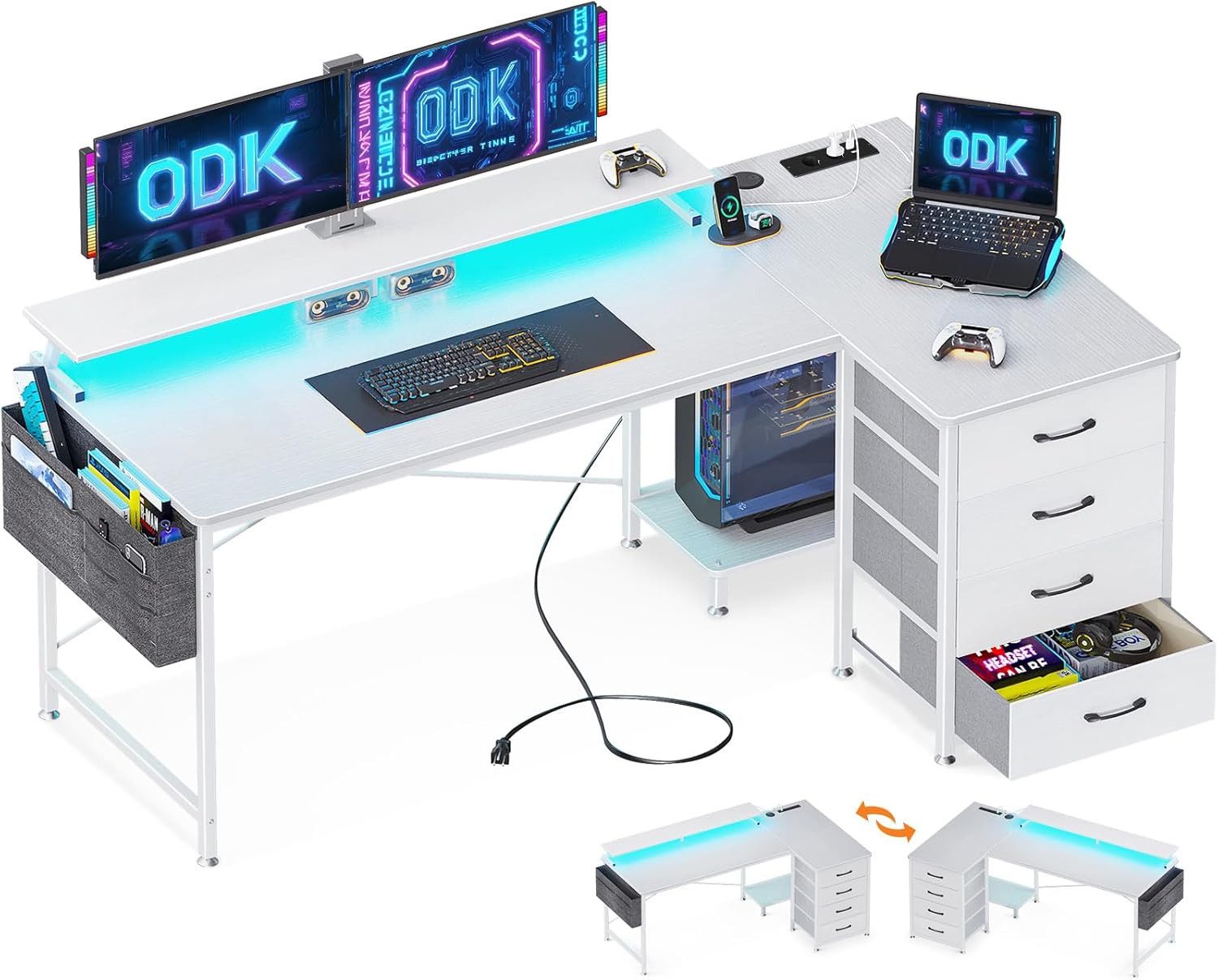 ODK Eckschreibtisch mit 4 Schubladen, Schreibtisch mit Steckdosen & USB Lad günstig online kaufen