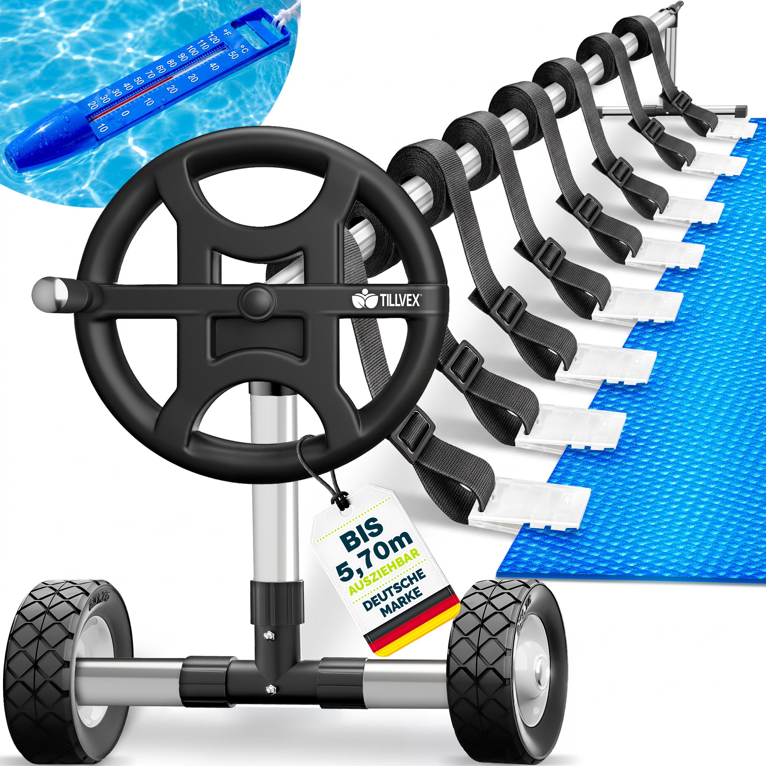 tillvex Pool-Abdeckplane Pool Aufroller 3-5,70 m mit Vollgummireifen inkl. Thermometer (witterungsbeständiges Material, Aufrollsystem Solarfolie), Aufrollvorrichtung für Solarplane & Abdeckung inkl. Bänder