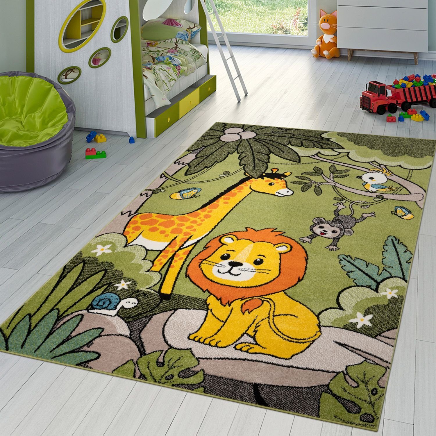 Kinderteppich »Moderner Kinderzimmer Teppich Zoo Tiere Elefant Giraffe Löwe  Affe Eule In Grün«, TT Home, rechteckig, Höhe: 13 mm